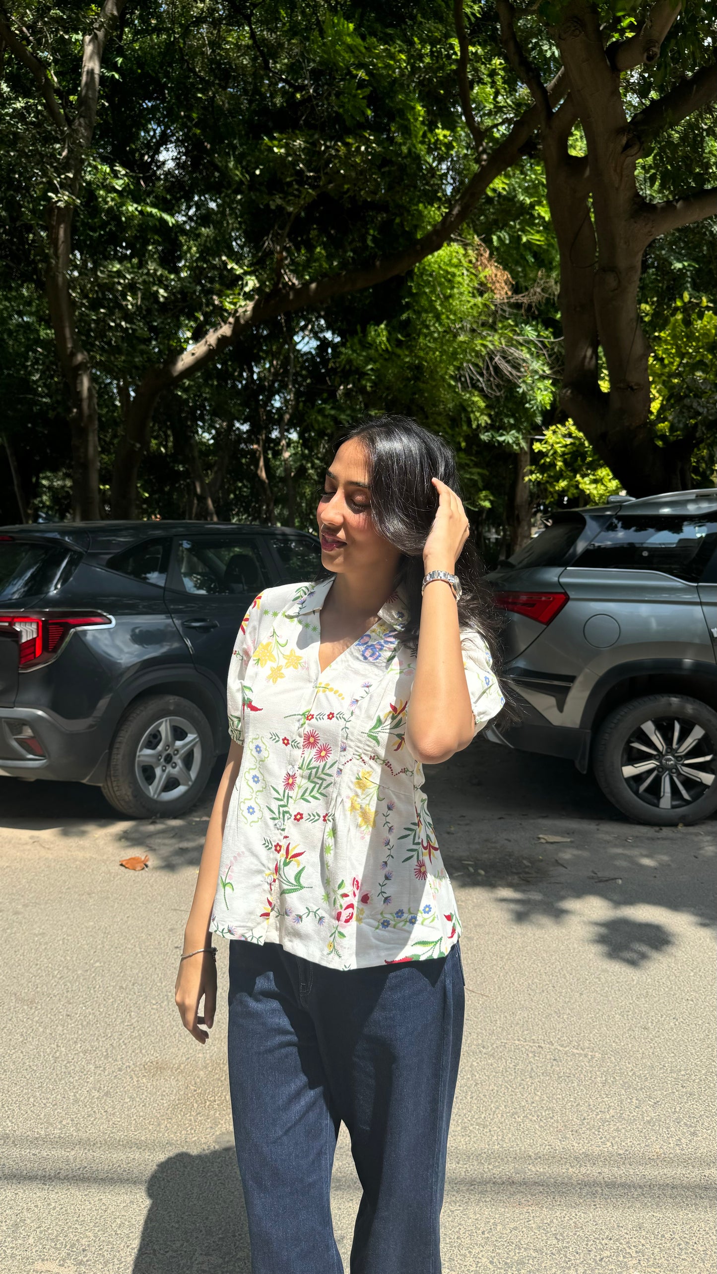 Wild Flower Cotton Shirt (With Sleeve) – White (Premium Collection)