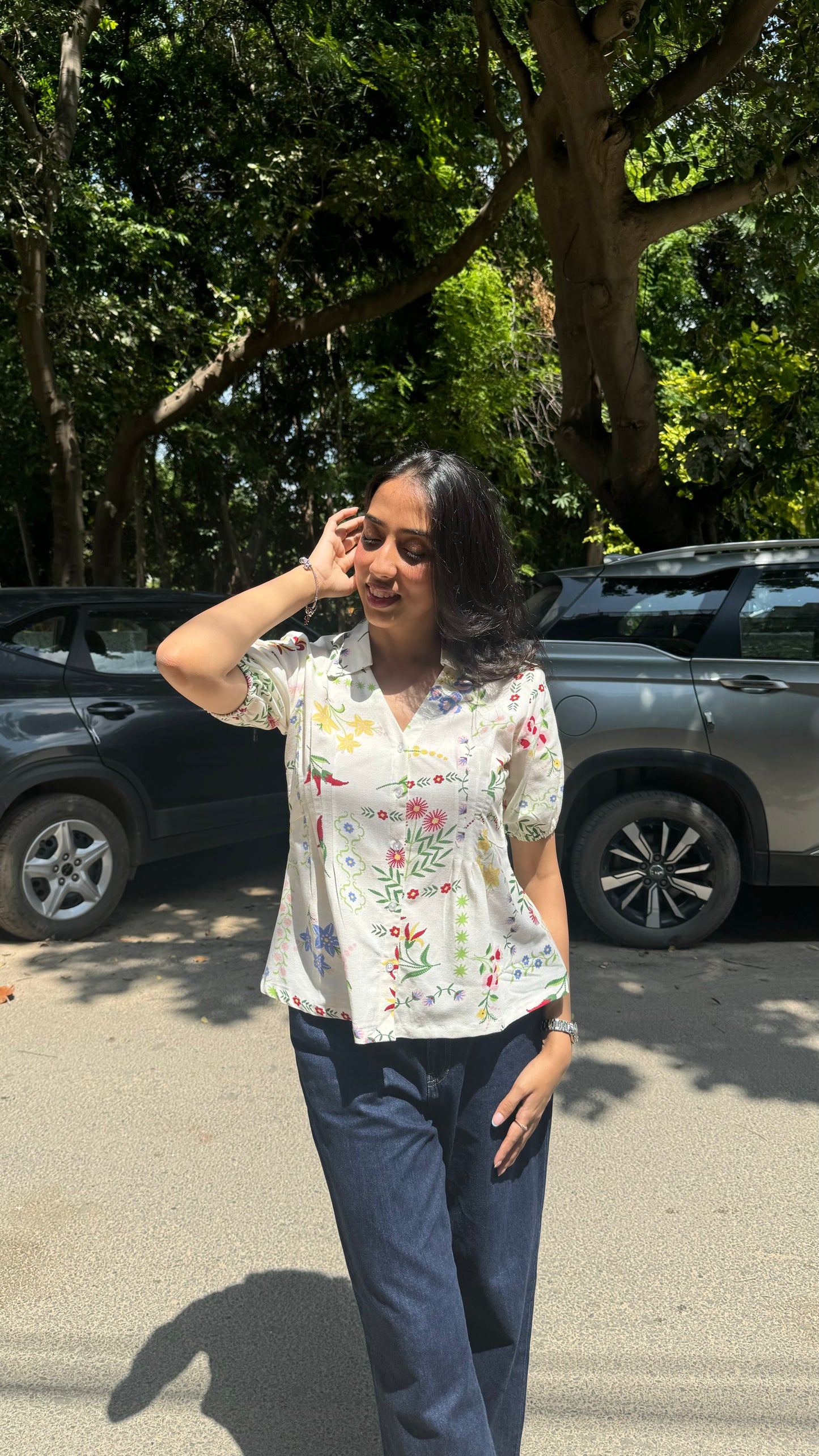 Wild Flower Cotton Shirt (With Sleeve) – White (Premium Collection)