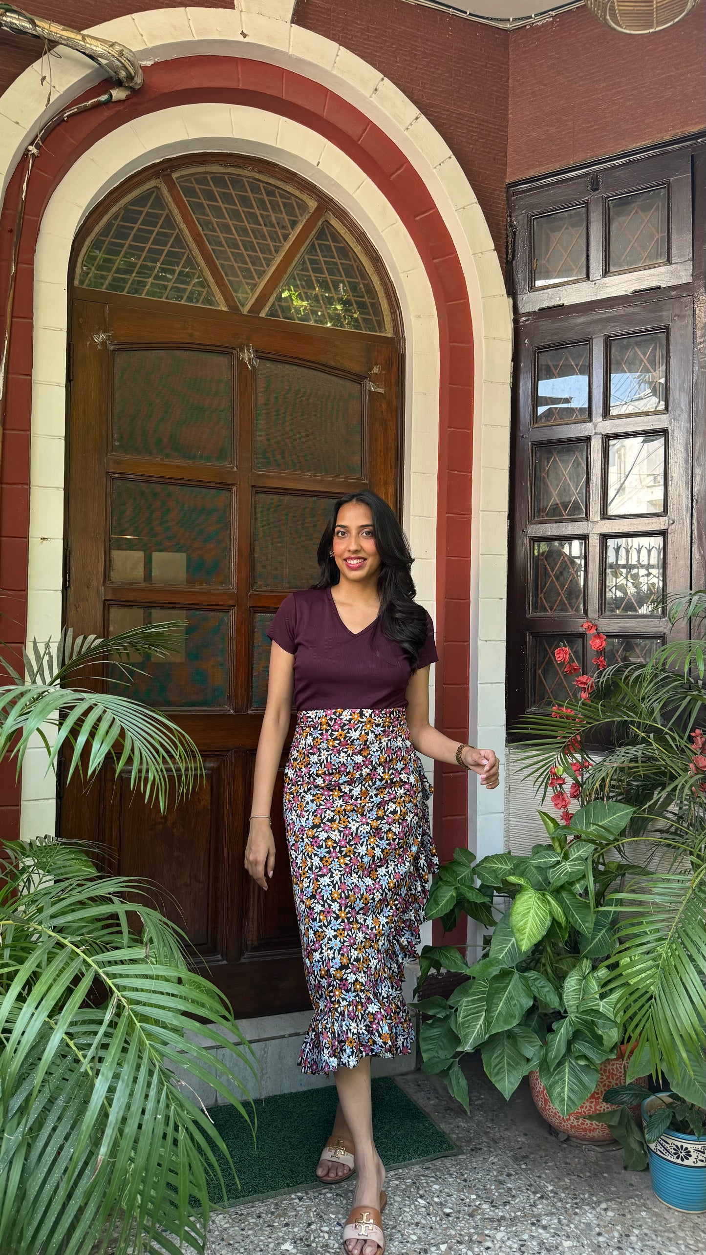 Floral Frill Wrap Skirt (Free Size) – Wine