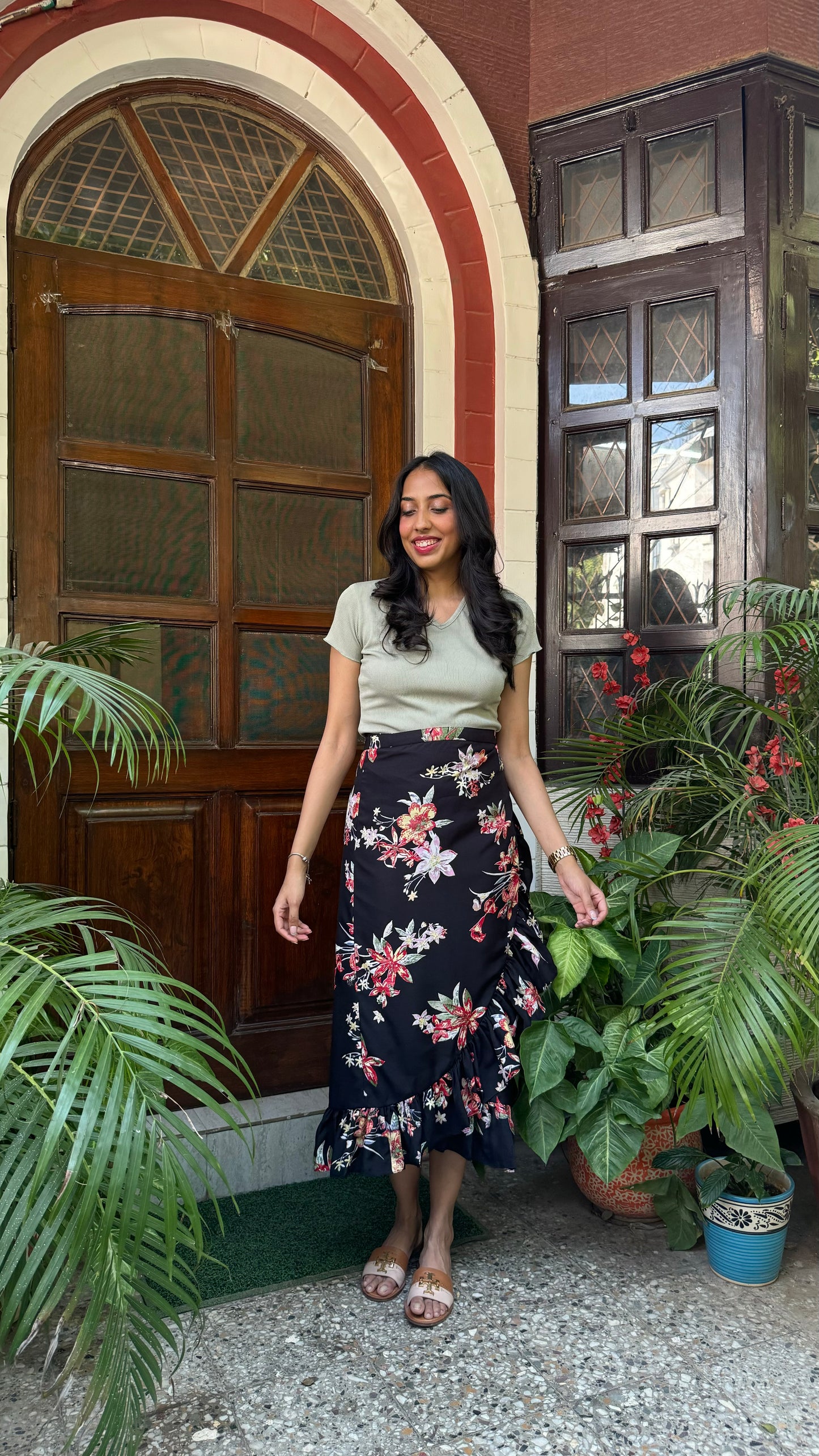 Floral Frill Wrap Skirt (Free Size) – Black