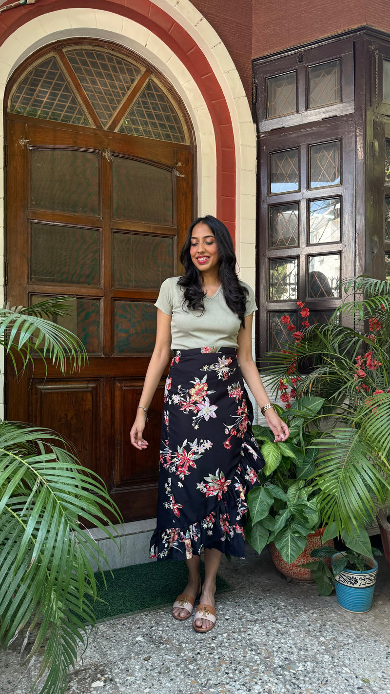 Floral Frill Wrap Skirt (Free Size) – Black