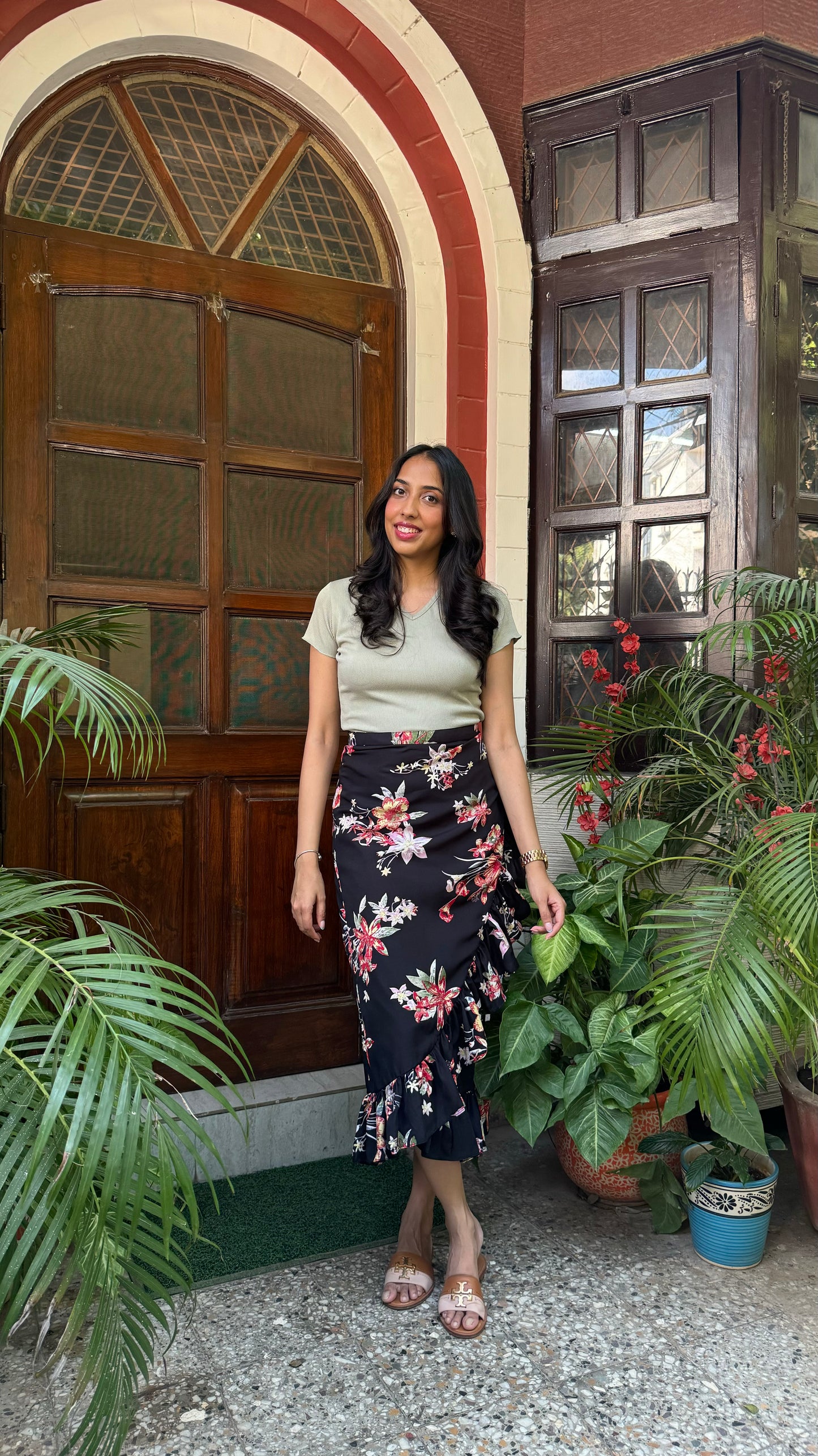 Floral Frill Wrap Skirt (Free Size) – Black