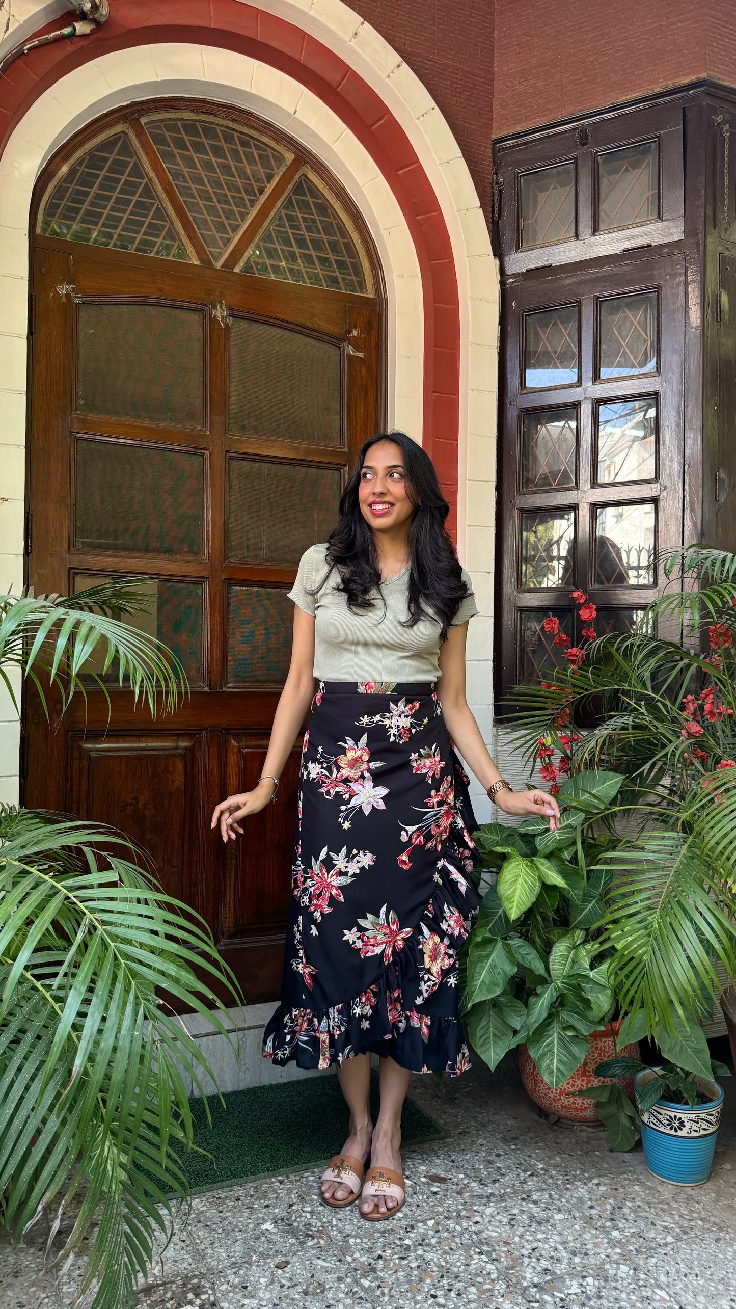 Floral Frill Wrap Skirt (Free Size) – Black