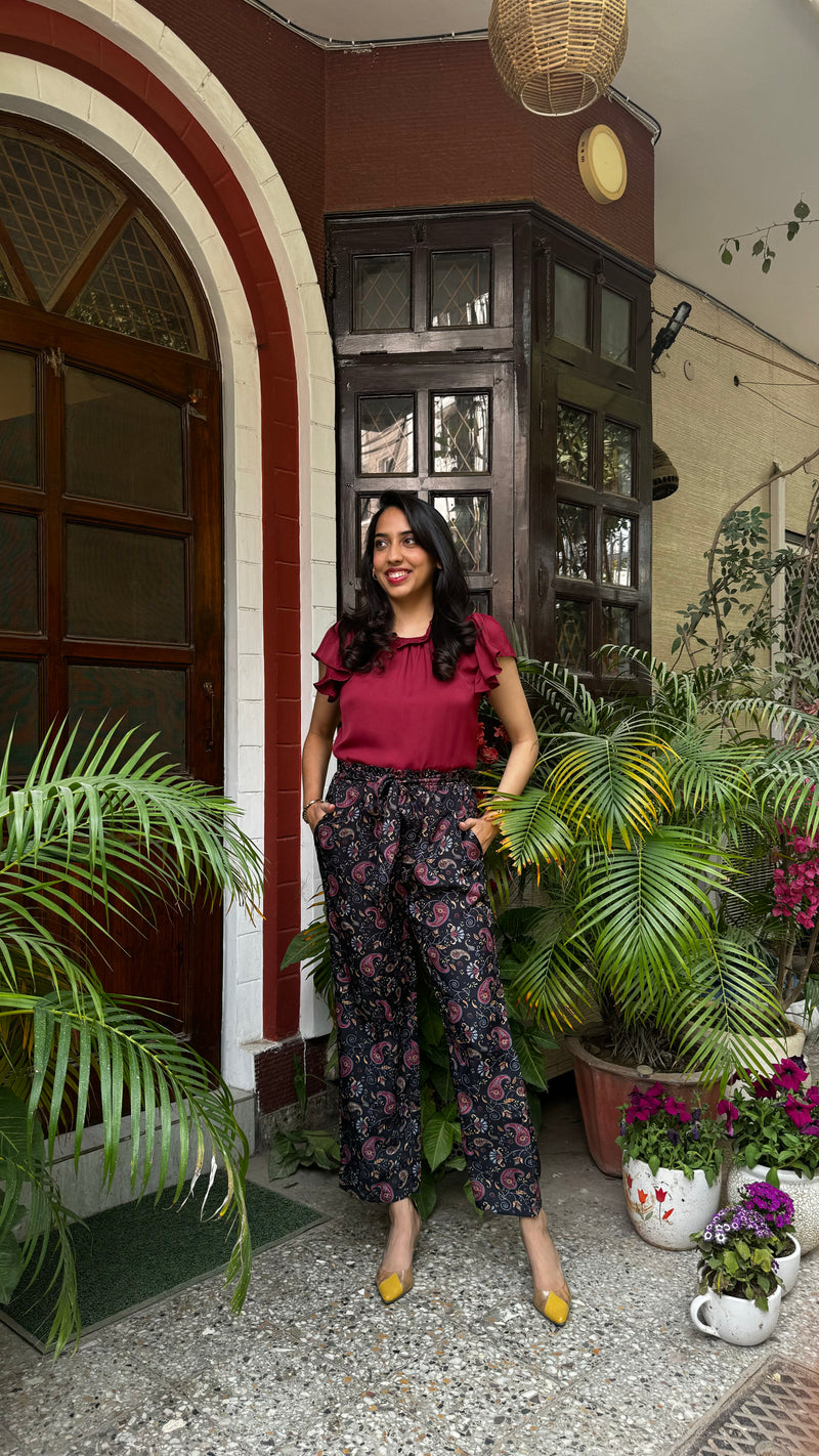 Ruffle Satin Top - Maroon