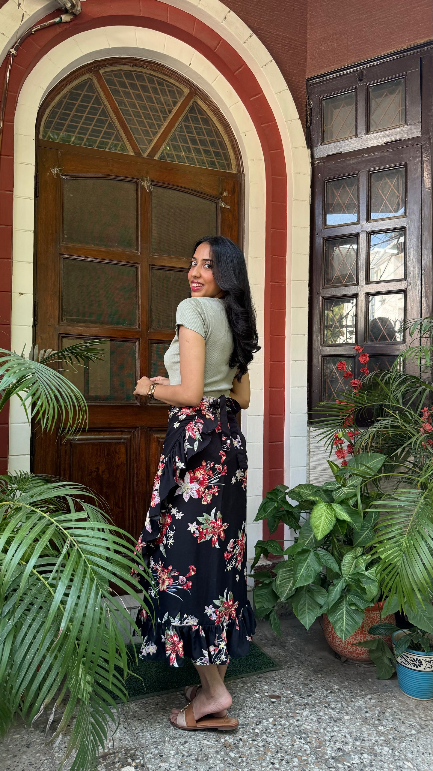 Floral Frill Wrap Skirt (Free Size) – Black