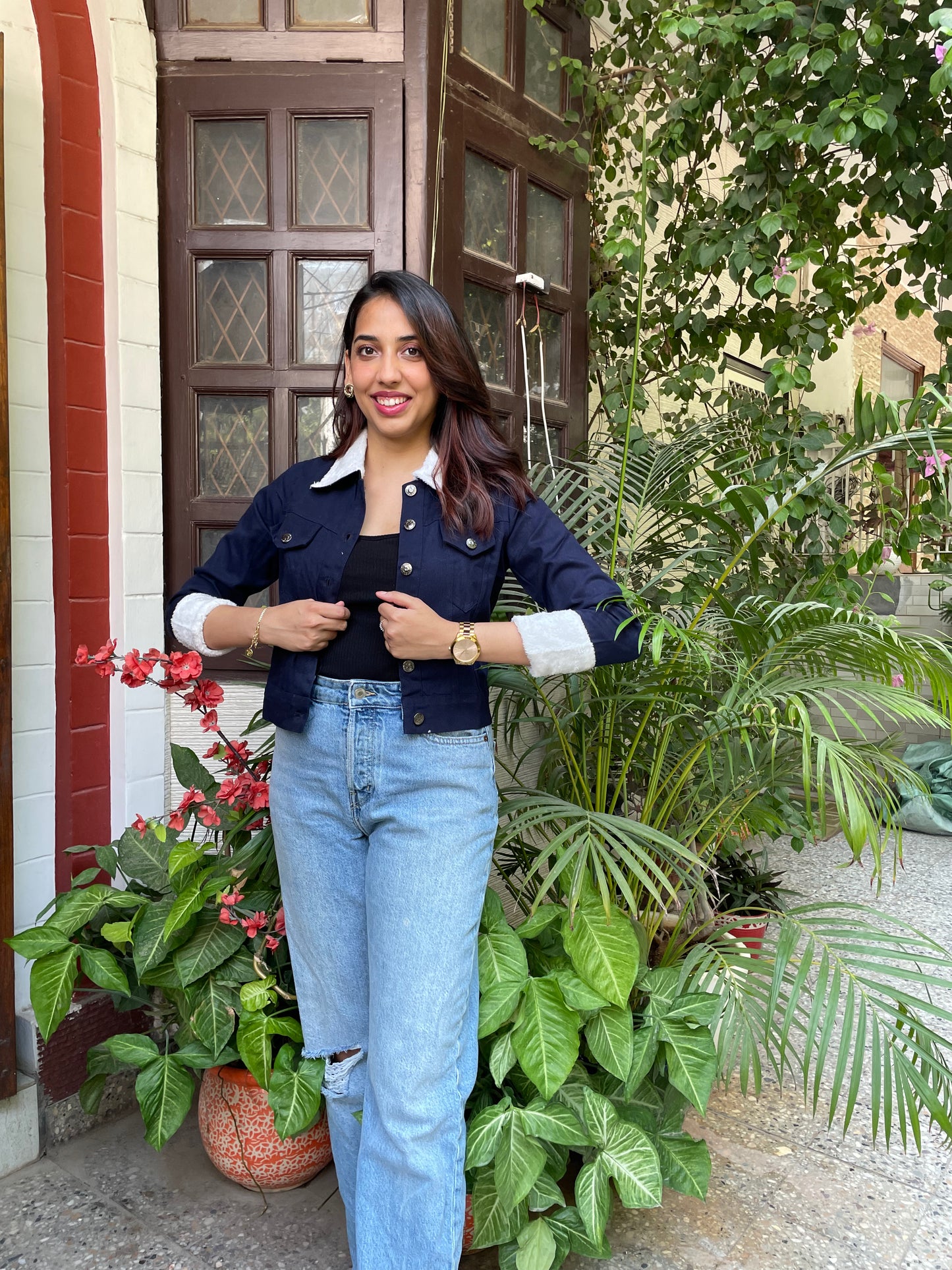 Fur Lined Denim Jacket-Blue