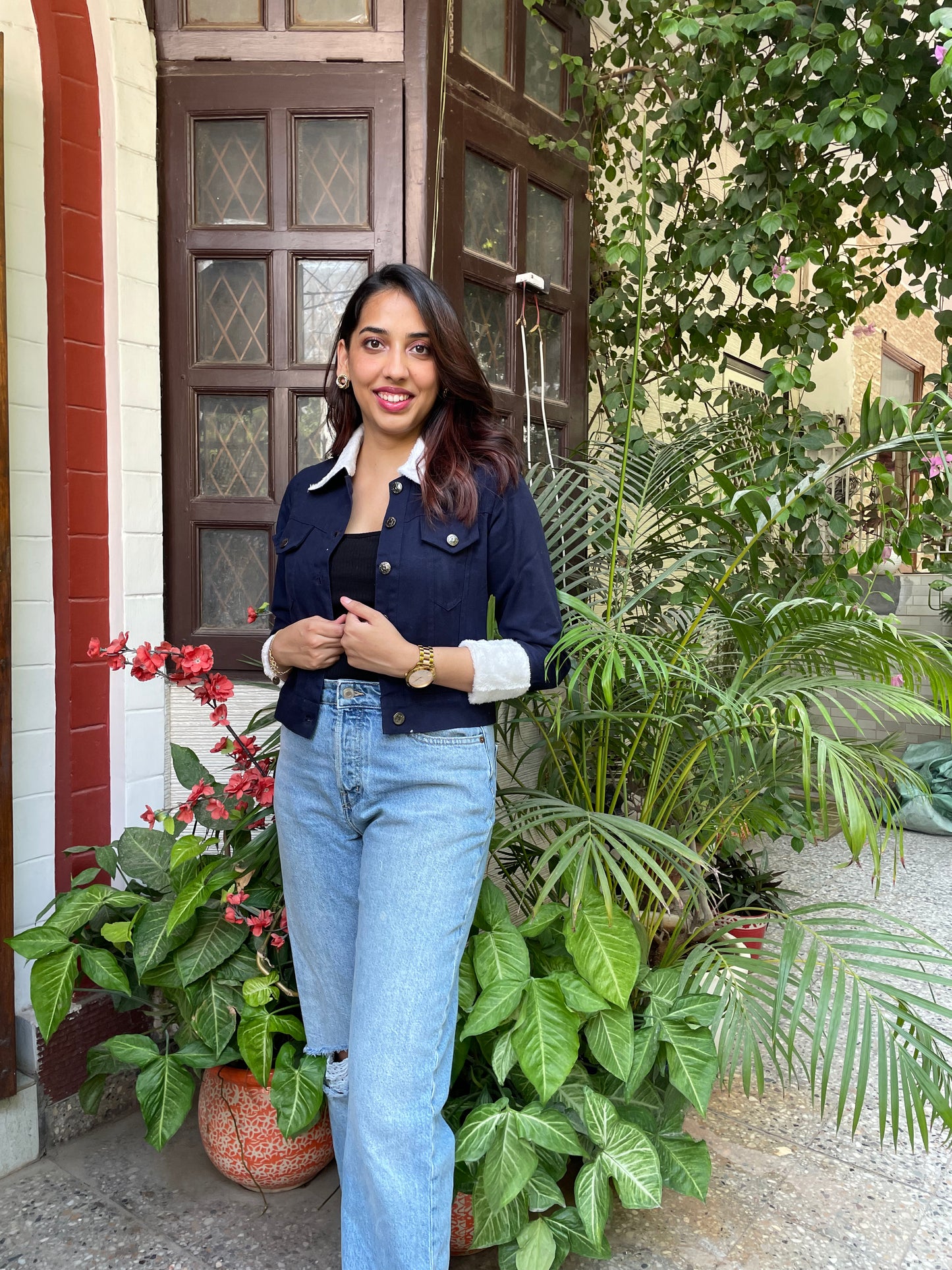 Fur Lined Denim Jacket-Blue