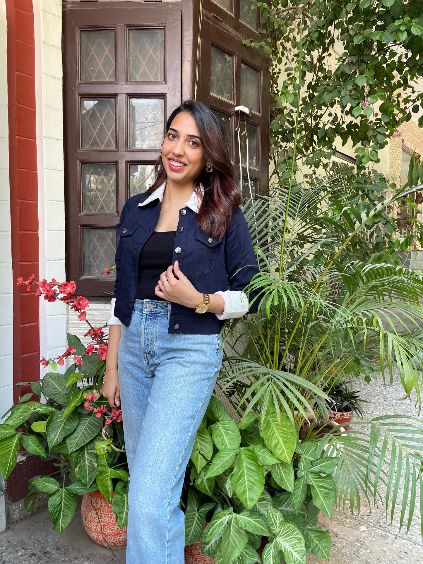 Fur Lined Denim Jacket-Blue