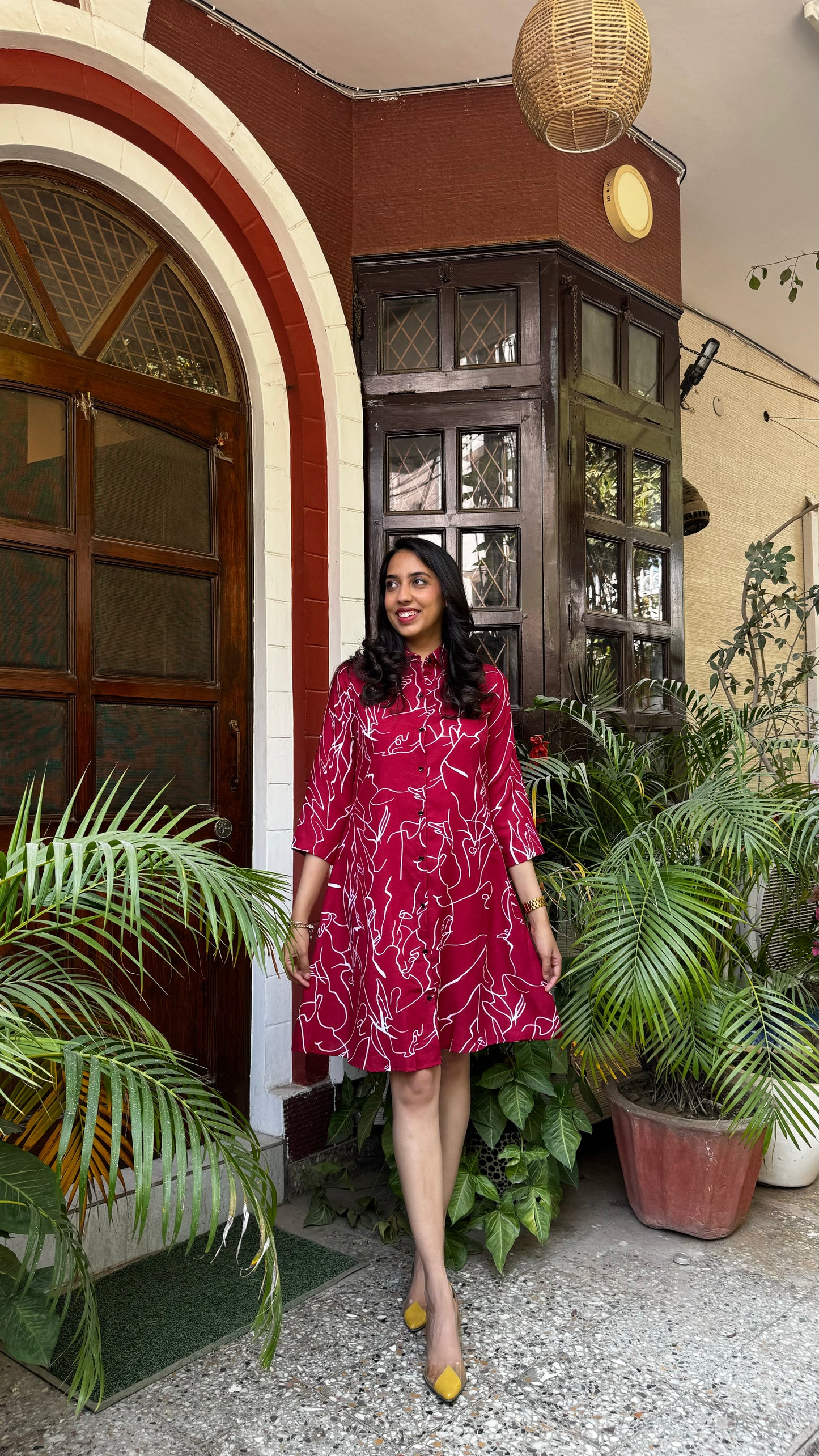 Abstract Printed Cotton Dress - Maroon