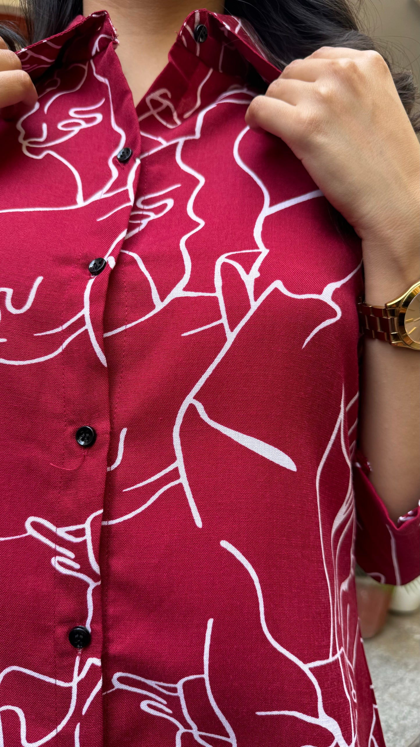 Abstract Printed Cotton Dress - Maroon