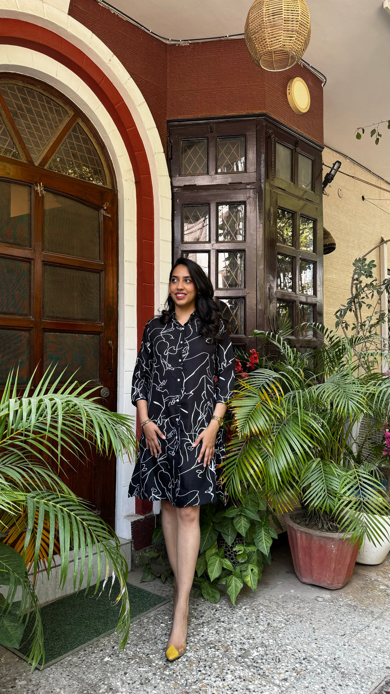 Abstract Printed Cotton Dress – Black