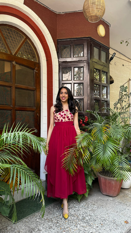 Petals Layered Maxi Dress – Maroon
