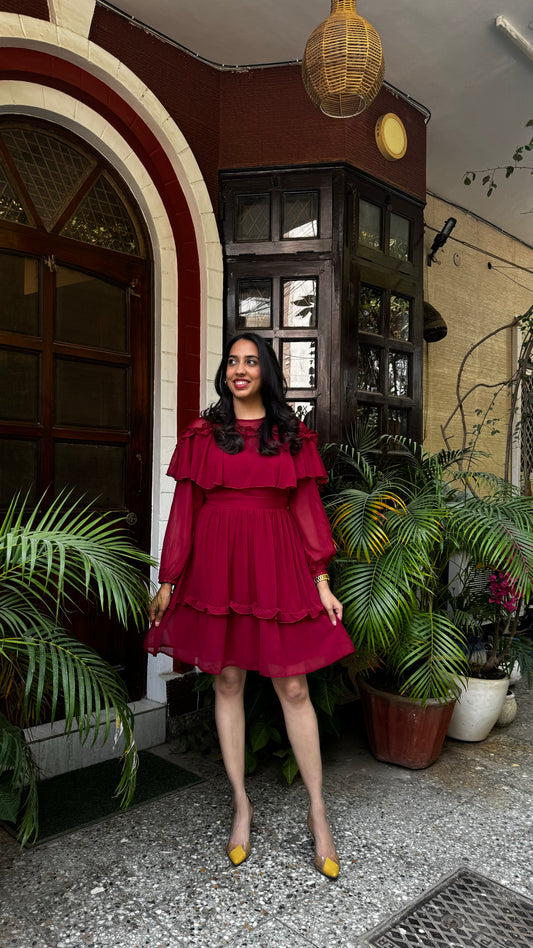 Maroon Frill Georgette Dress