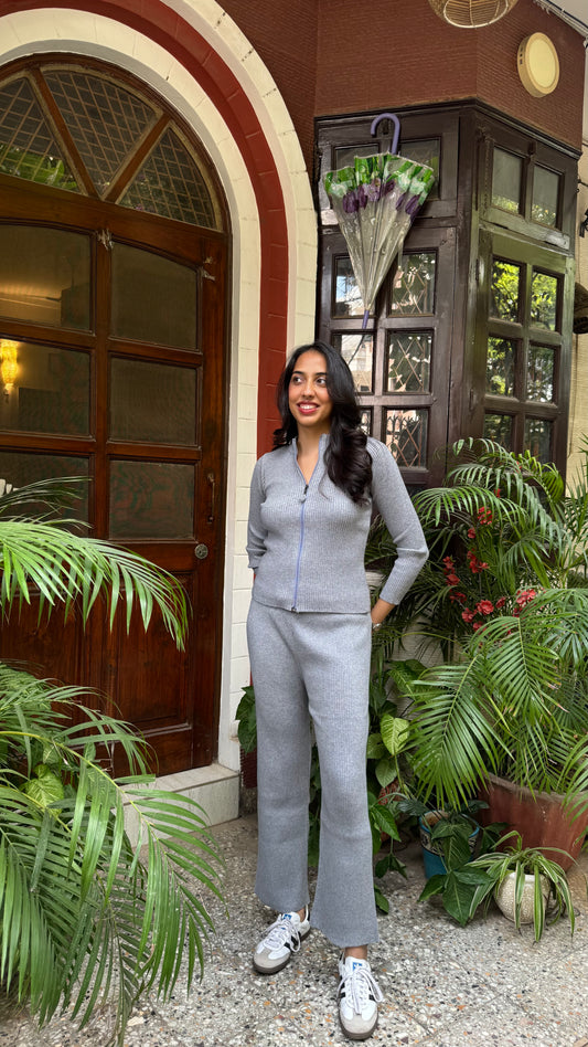 Comfy Zip Ribbed Sweater Set - Grey