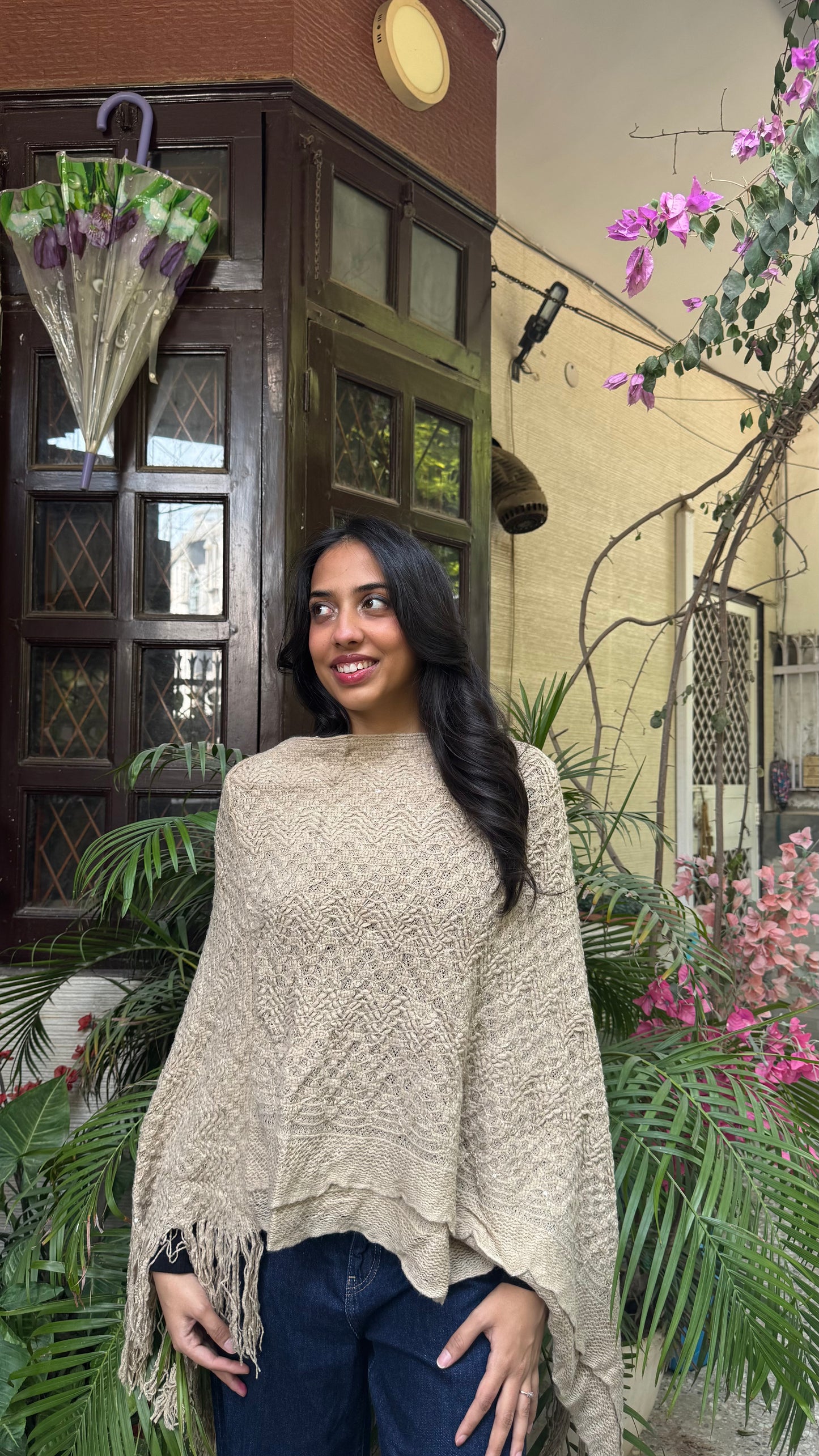 Beige Knit Woollen Poncho (Free Size)