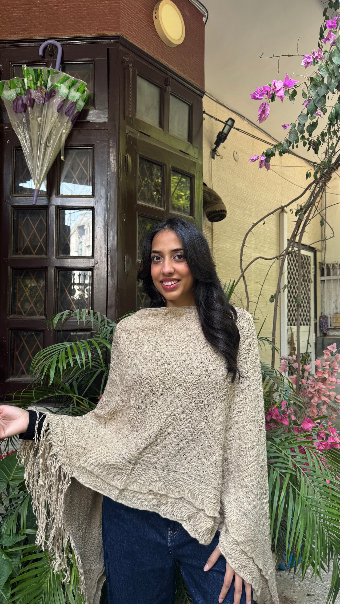 Beige Knit Woollen Poncho (Free Size)