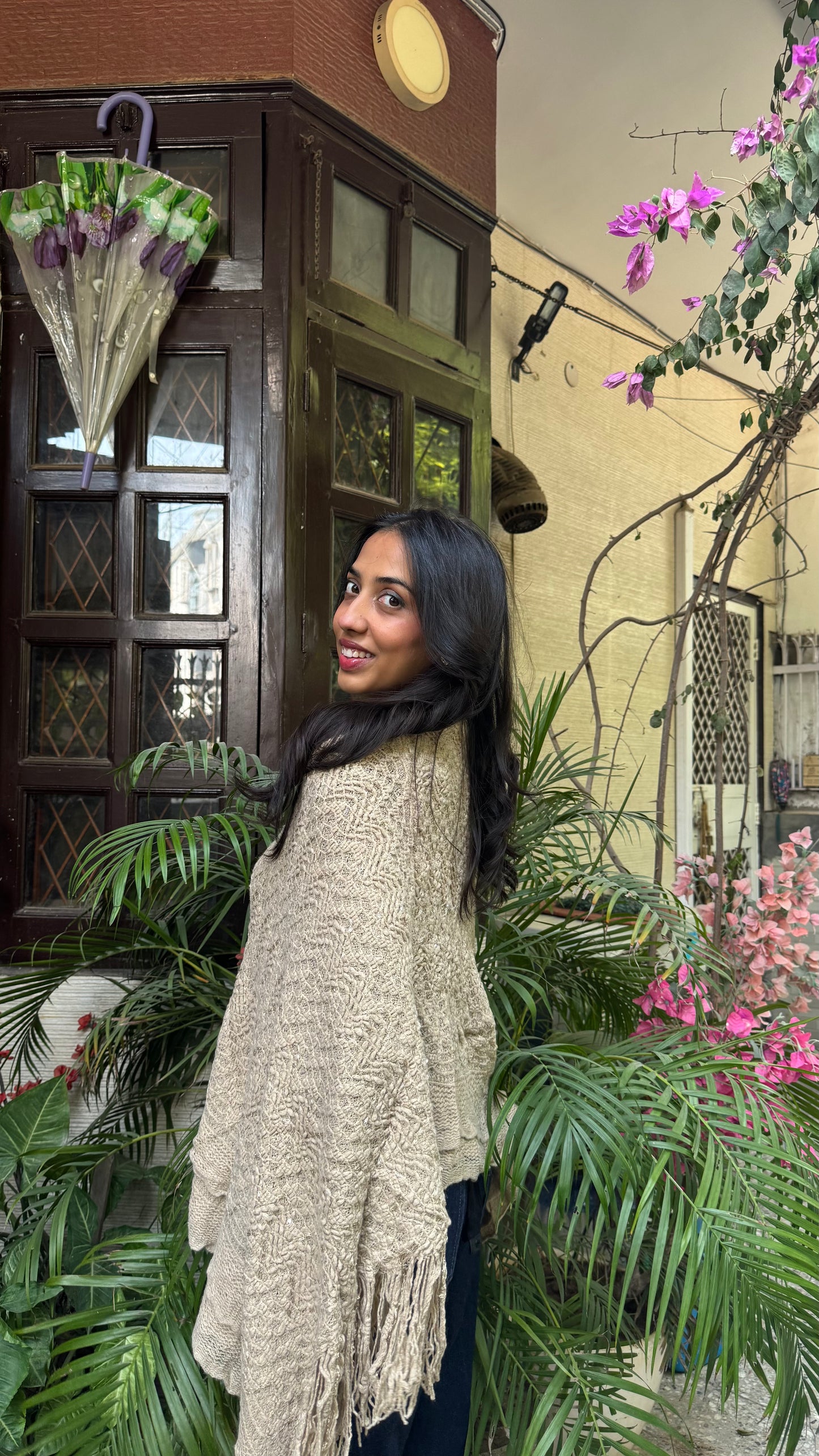 Beige Knit Woollen Poncho (Free Size)