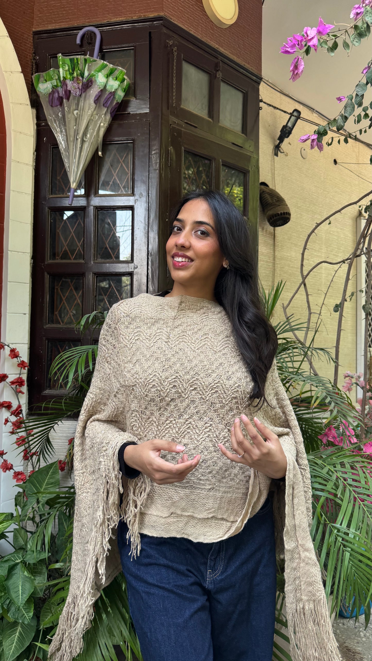 Beige Knit Woollen Poncho (Free Size)