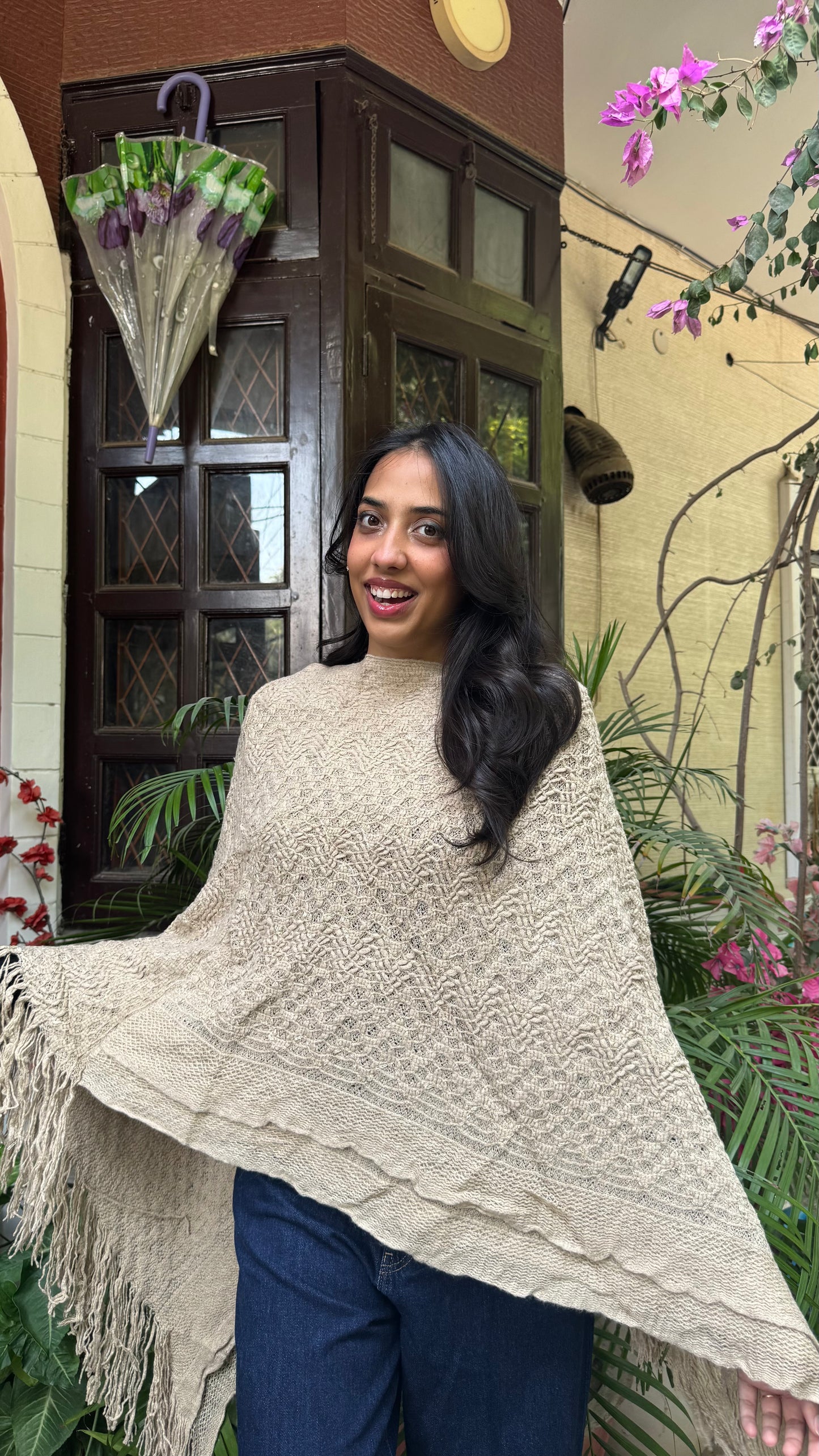 Beige Knit Woollen Poncho (Free Size)