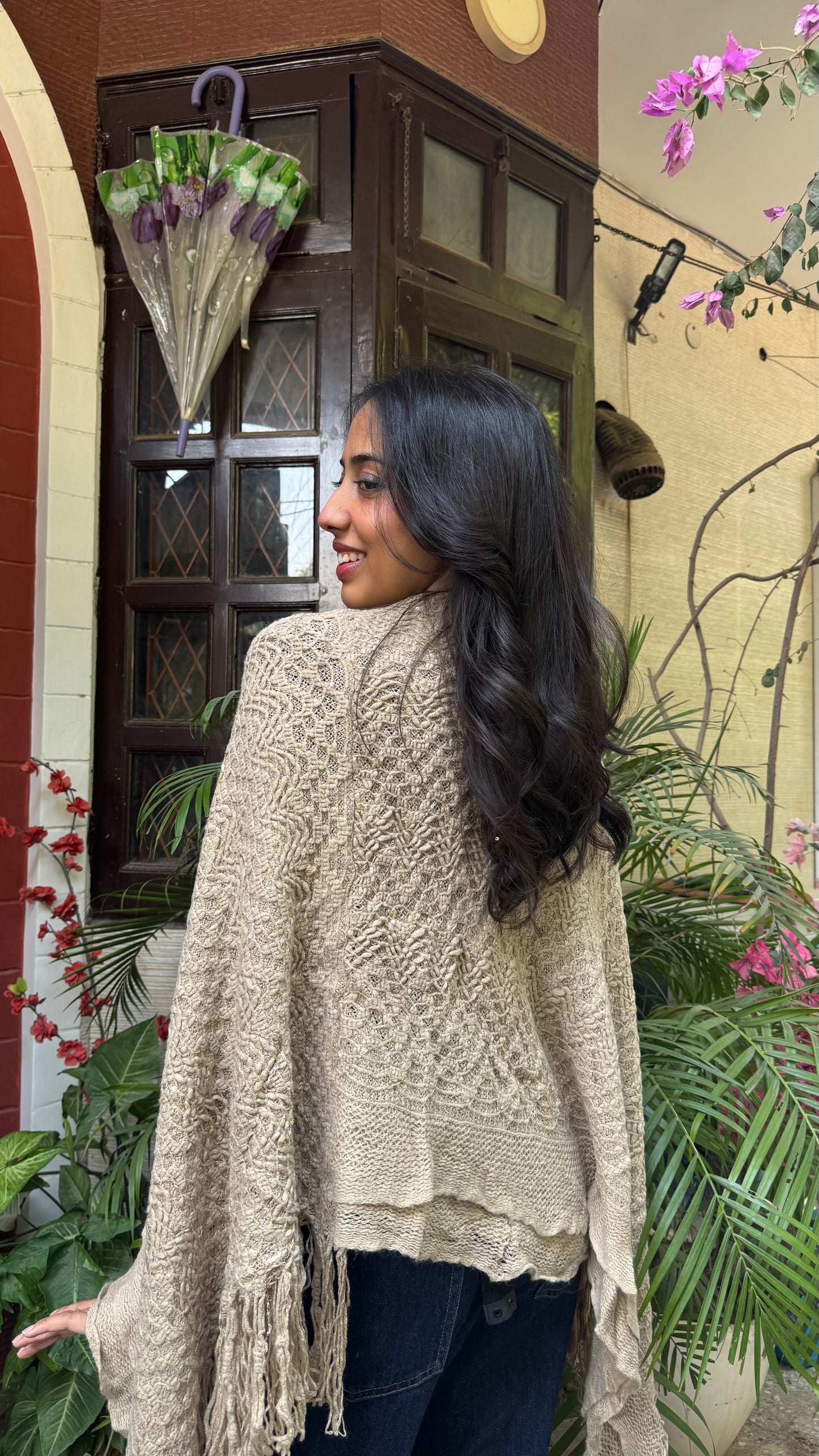 Beige Knit Woollen Poncho (Free Size)