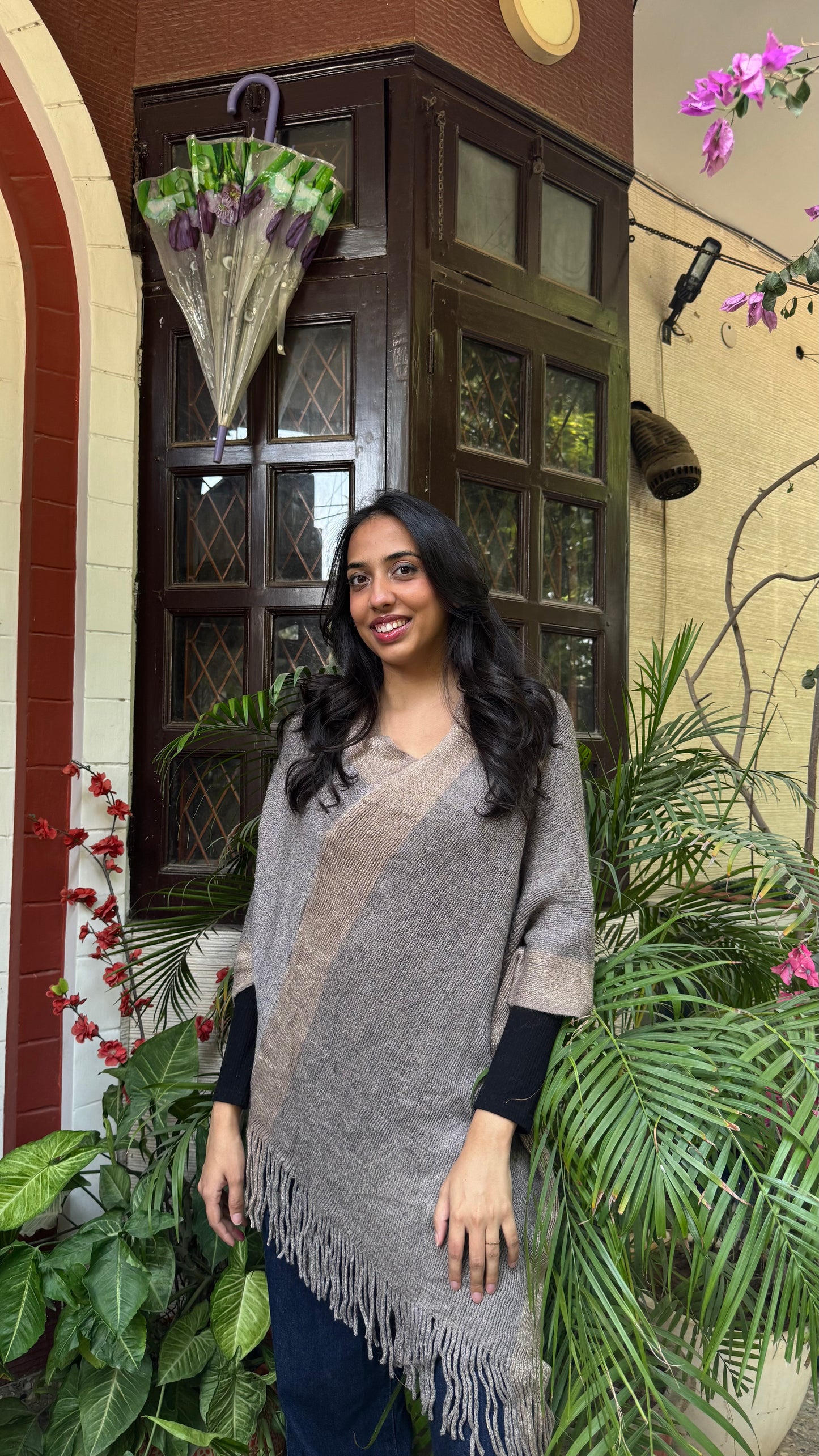 Striped Warm Woollen Poncho - Grey (Free Size)