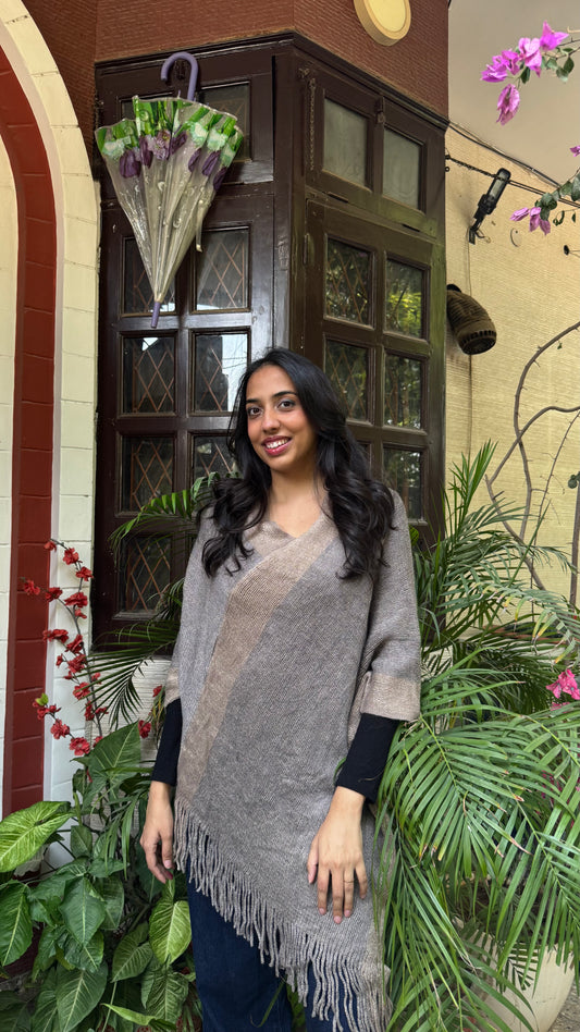 Striped Warm Woollen Poncho - Grey (Free Size)