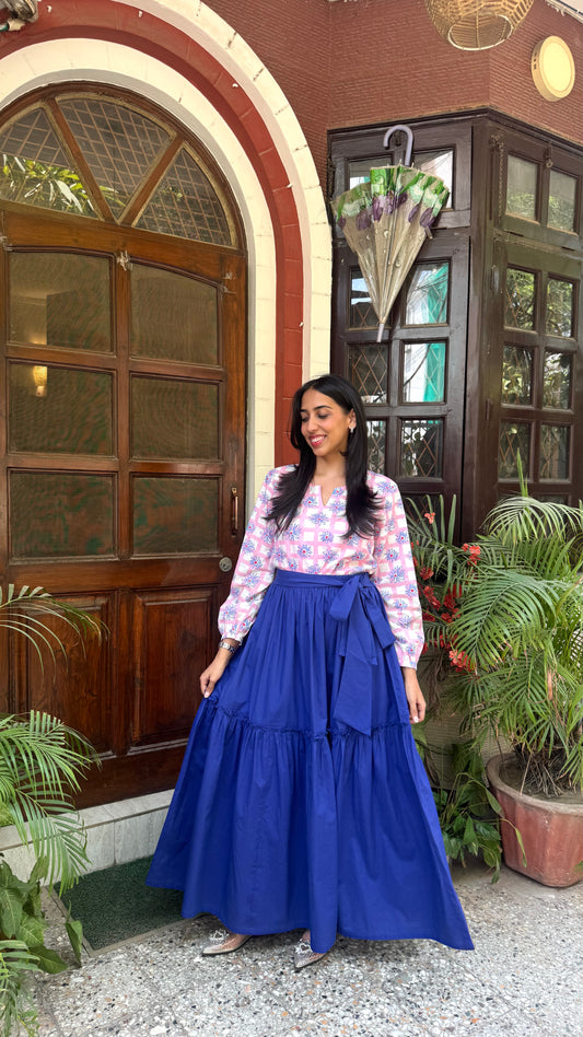 Flowy Tiered Cotton Skirt - Blue (Premium Collection)