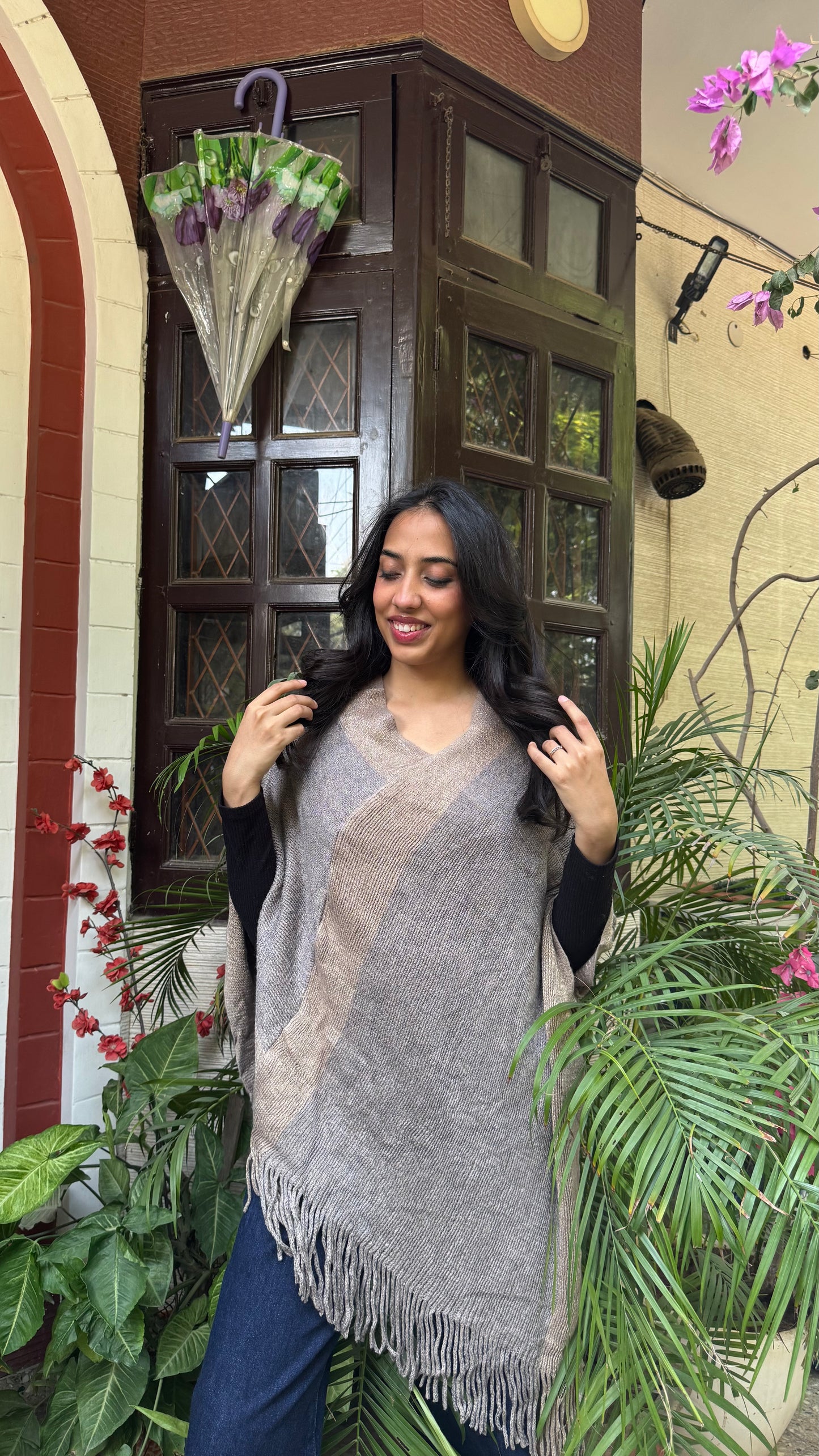 Striped Warm Woollen Poncho - Grey (Free Size)