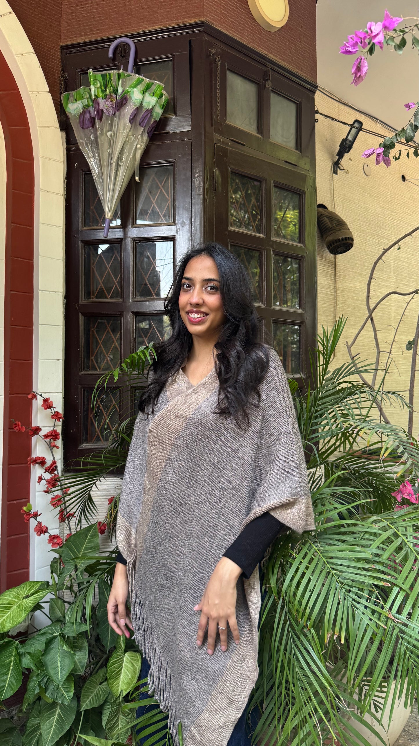 Striped Warm Woollen Poncho - Grey (Free Size)