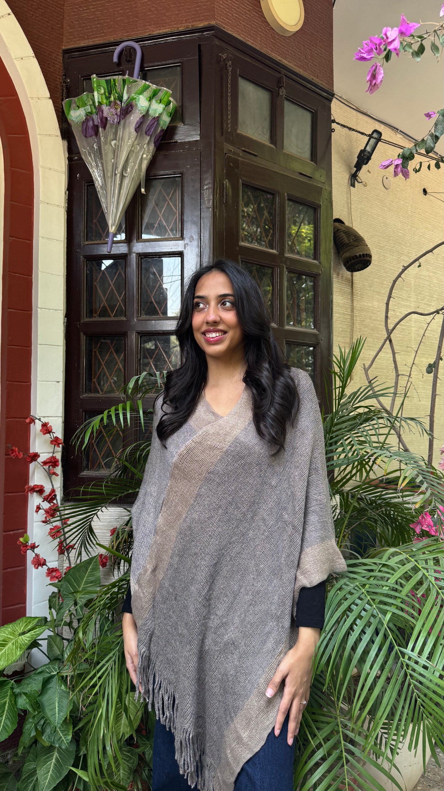 Striped Warm Woollen Poncho - Grey (Free Size)