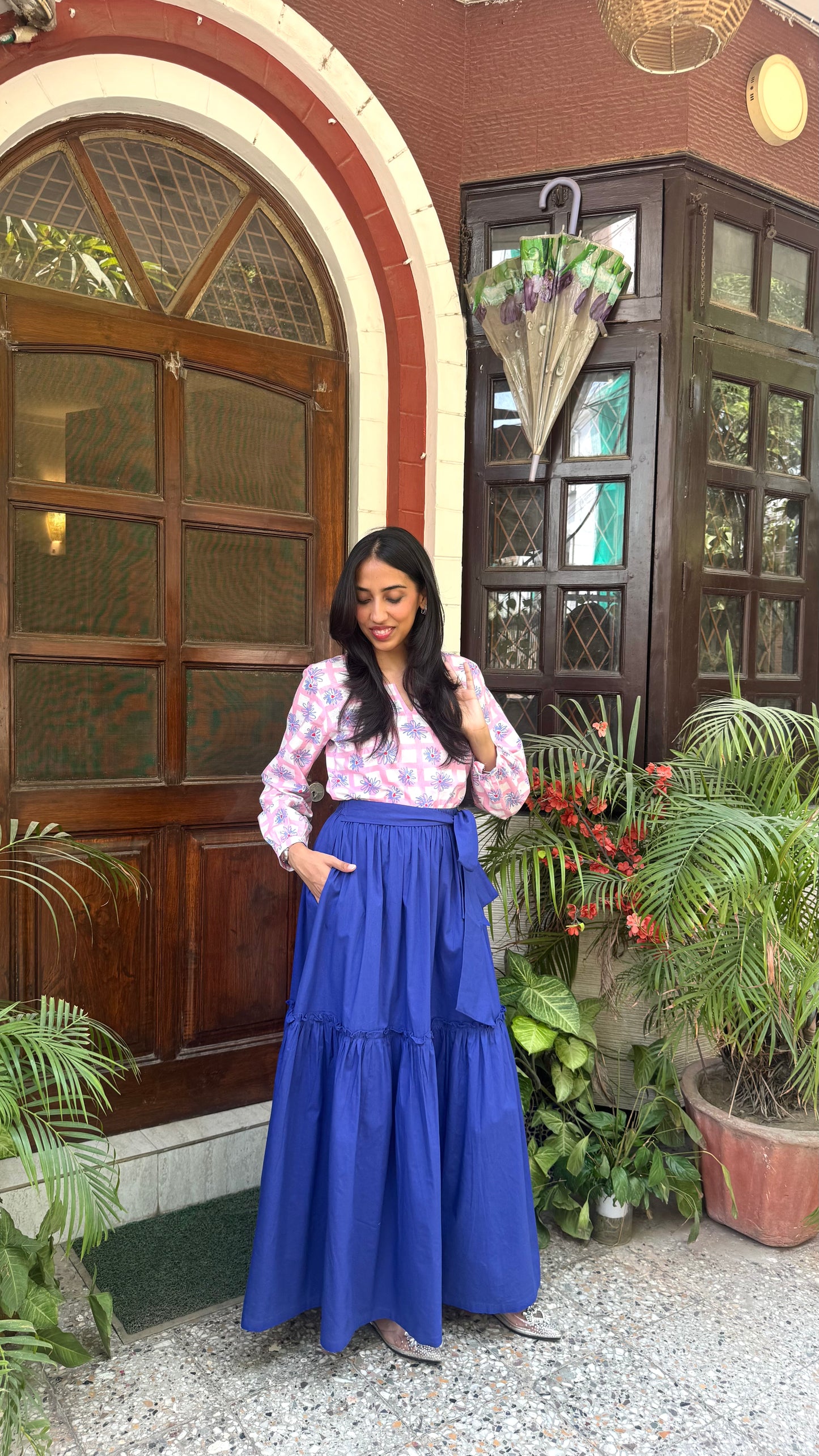Flowy Tiered Cotton Skirt - Blue (Premium Collection)