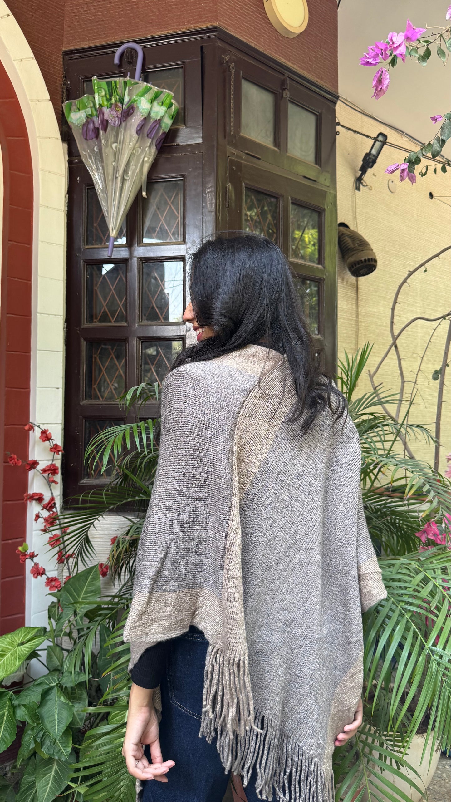 Striped Warm Woollen Poncho - Grey (Free Size)