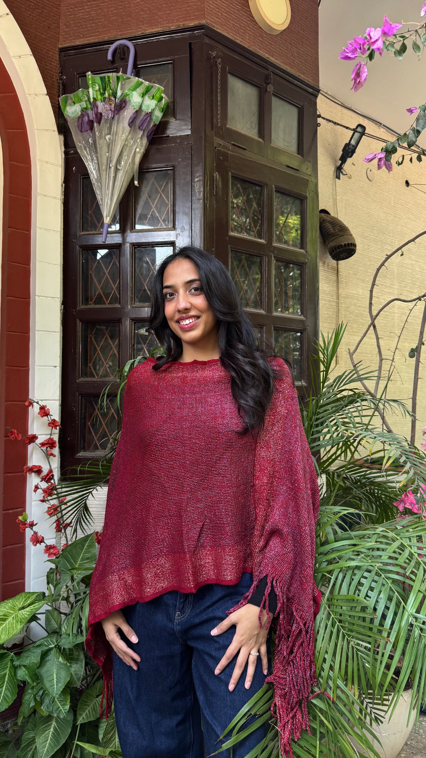 Red Ombre Woollen Poncho (Free Size)