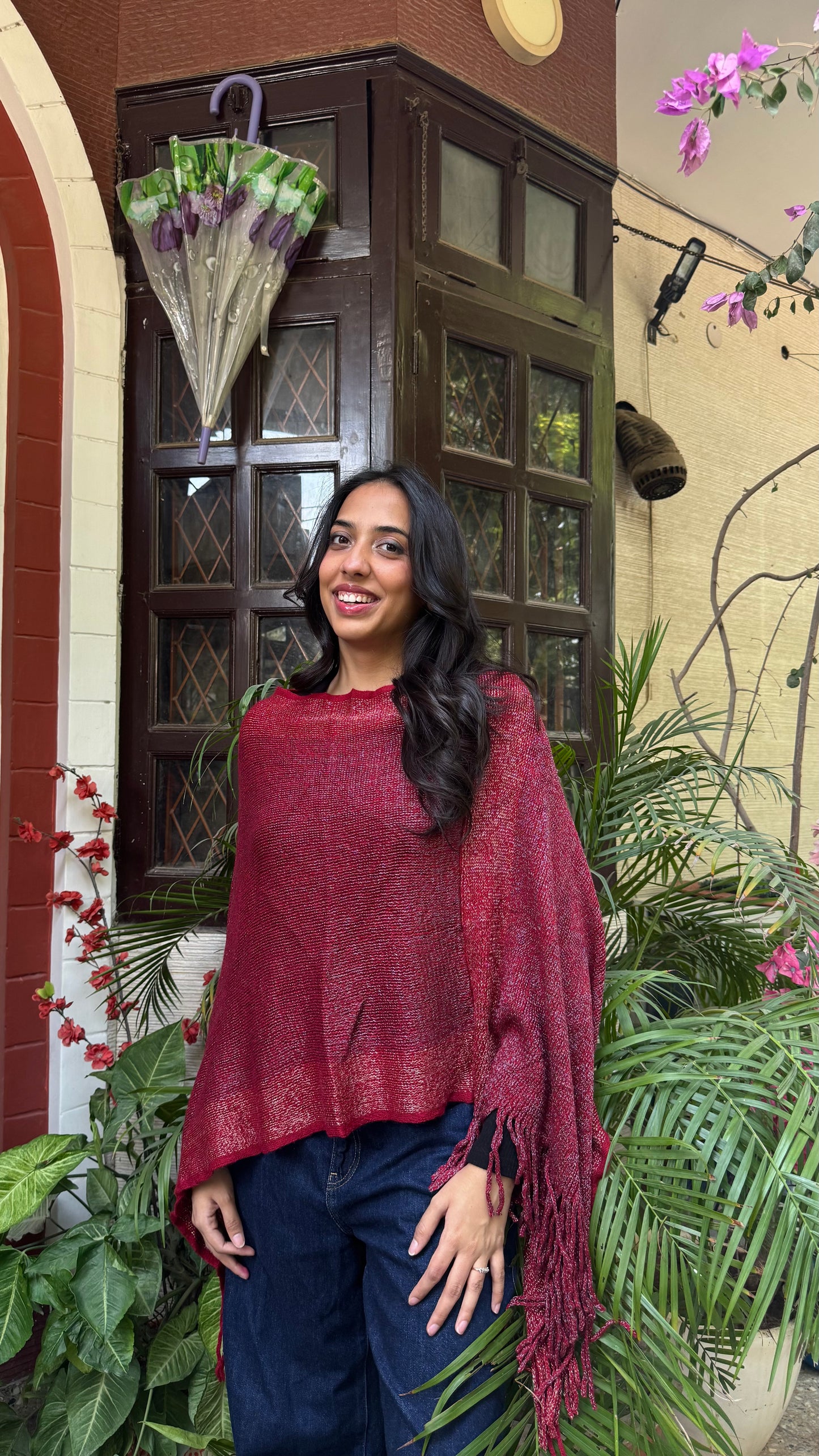 Red Ombre Woollen Poncho (Free Size)