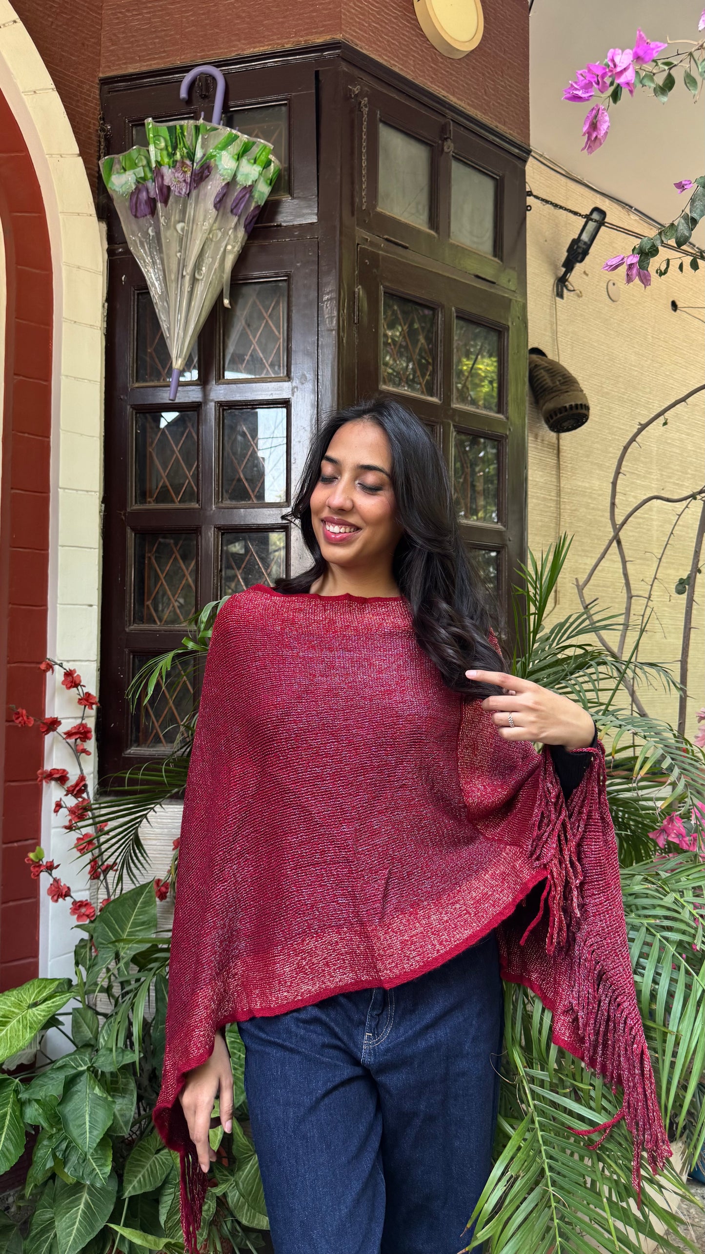 Red Ombre Woollen Poncho (Free Size)