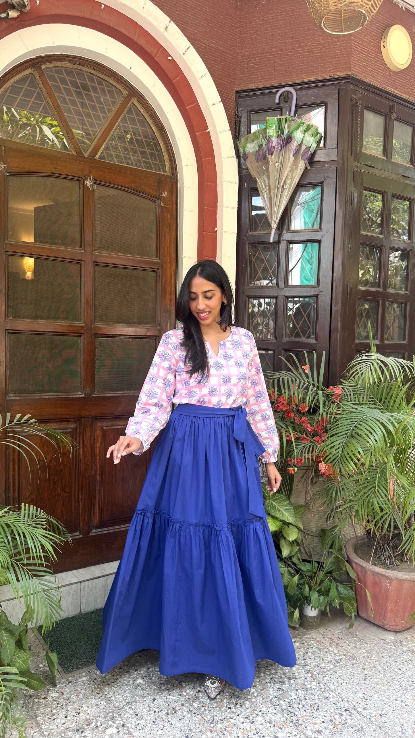 Flowy Tiered Cotton Skirt - Blue (Premium Collection)