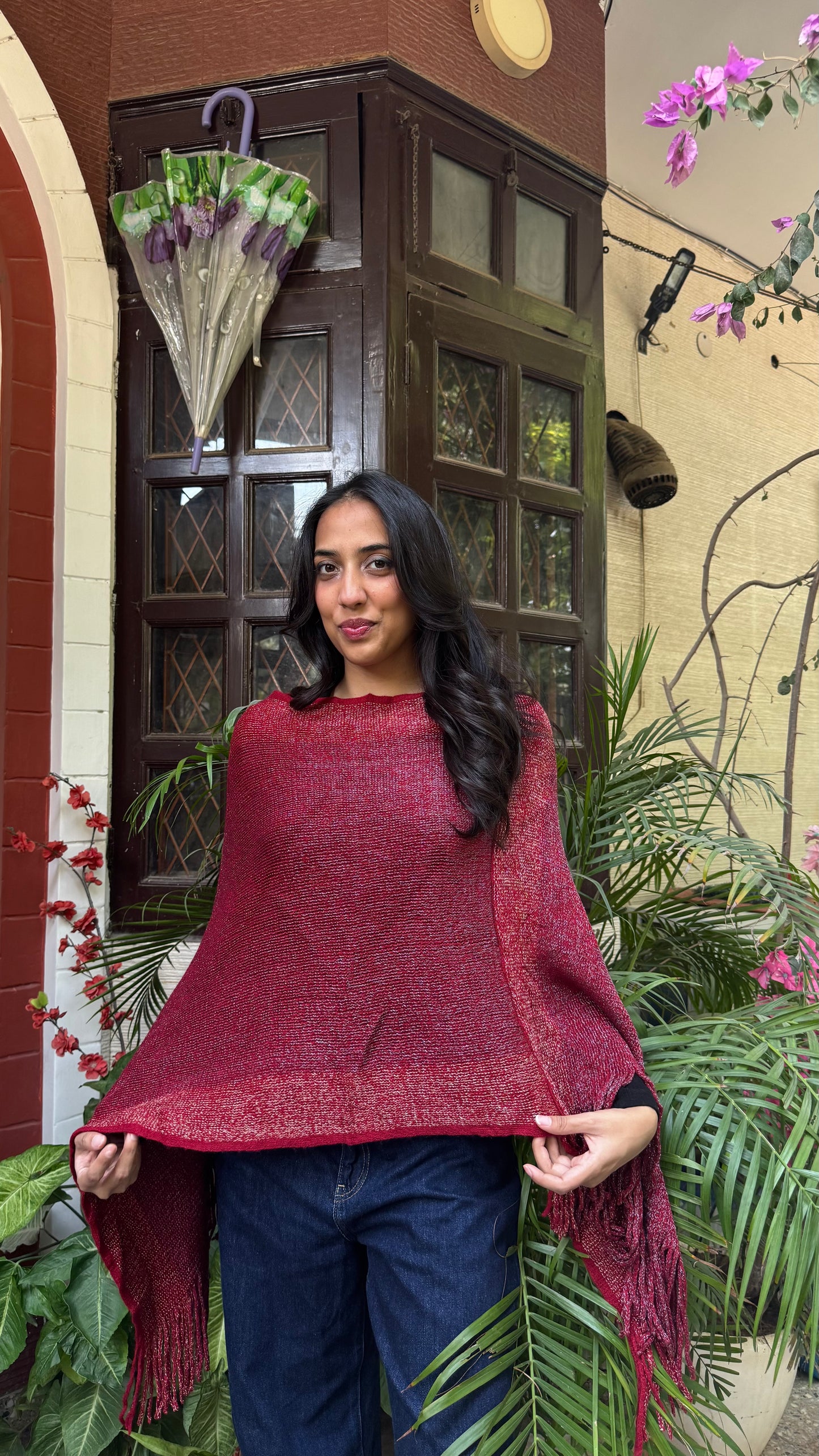 Red Ombre Woollen Poncho (Free Size)