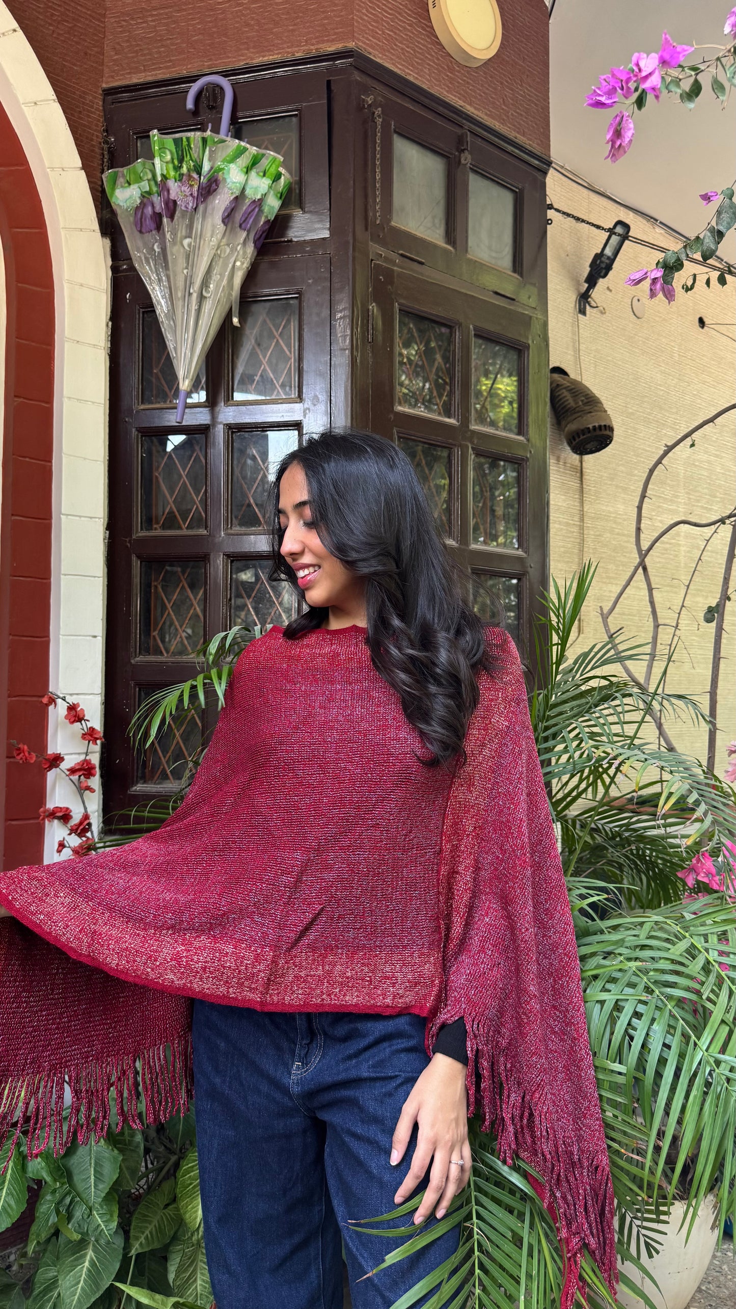 Red Ombre Woollen Poncho (Free Size)