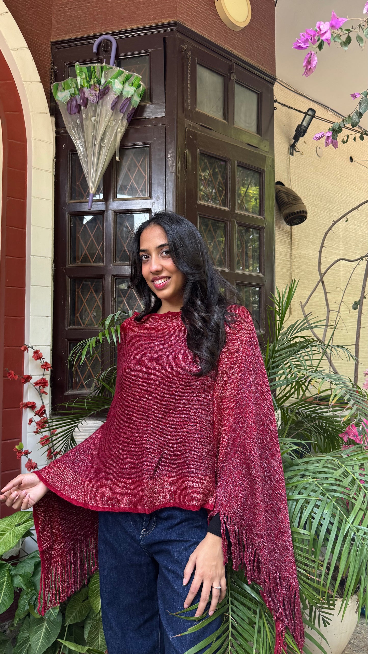 Red Ombre Woollen Poncho (Free Size)