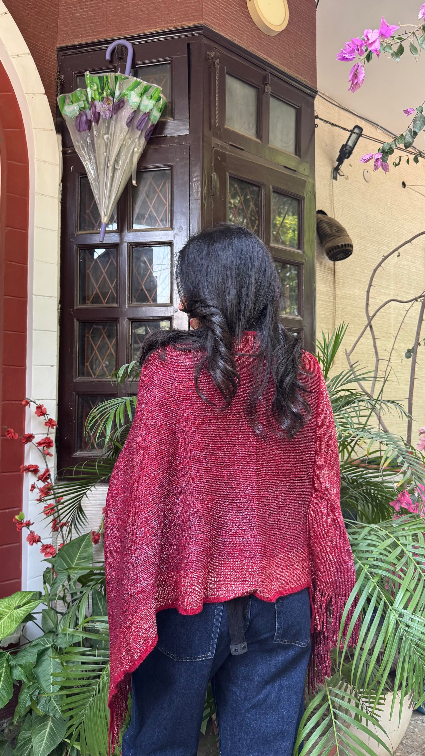 Red Ombre Woollen Poncho (Free Size)