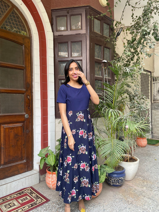 Border Printed Maxi Dress – Navy