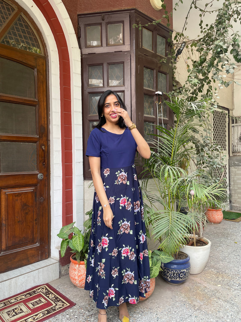 Border Printed Maxi Dress – Navy