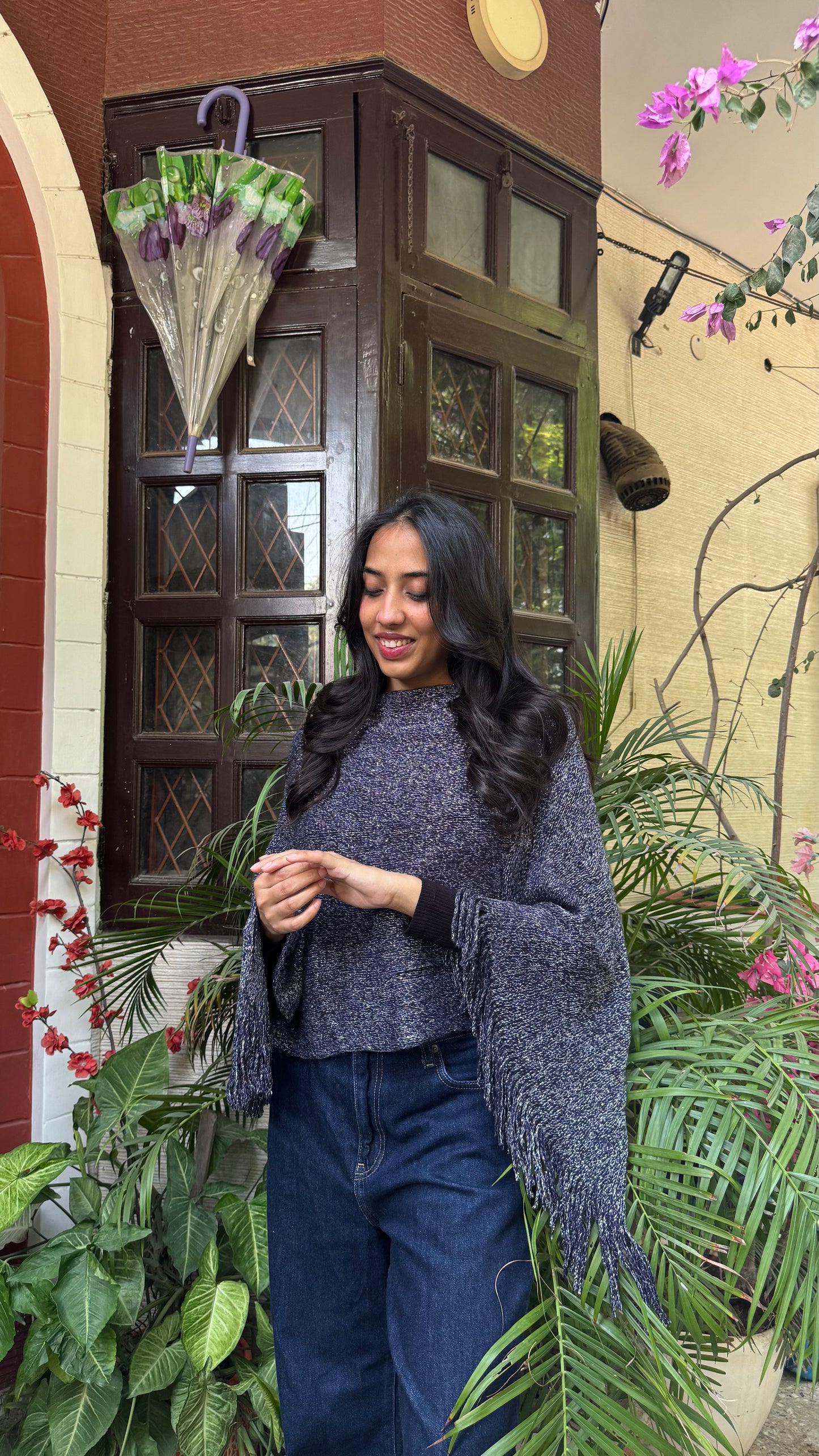 Shimmer Woollen Poncho - Blue (Free Size)