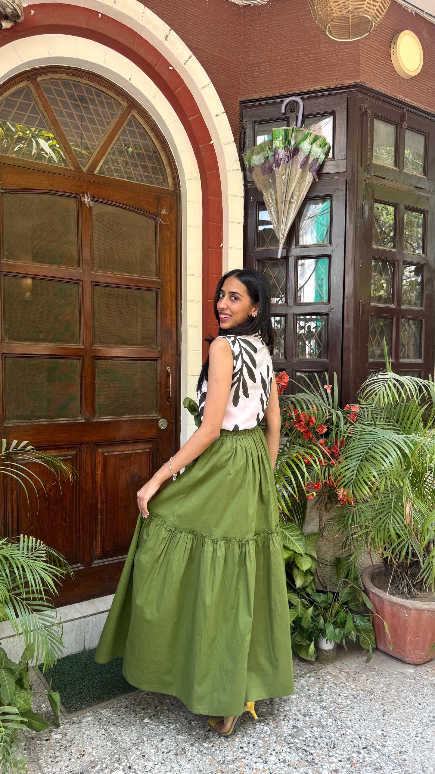 Flowy Tiered Cotton Skirt - Olive (Premium Collection)