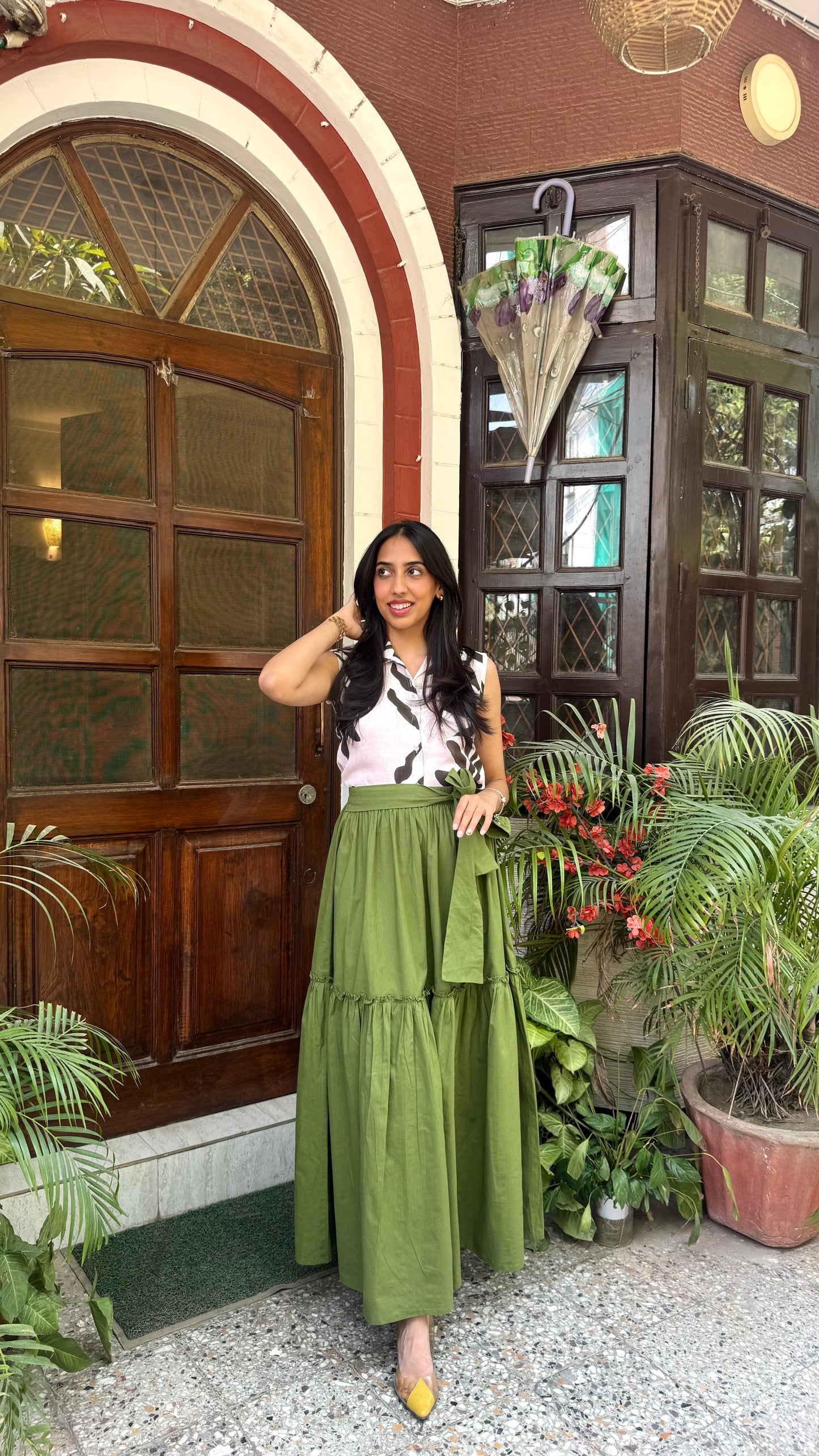 Flowy Tiered Cotton Skirt - Olive (Premium Collection)