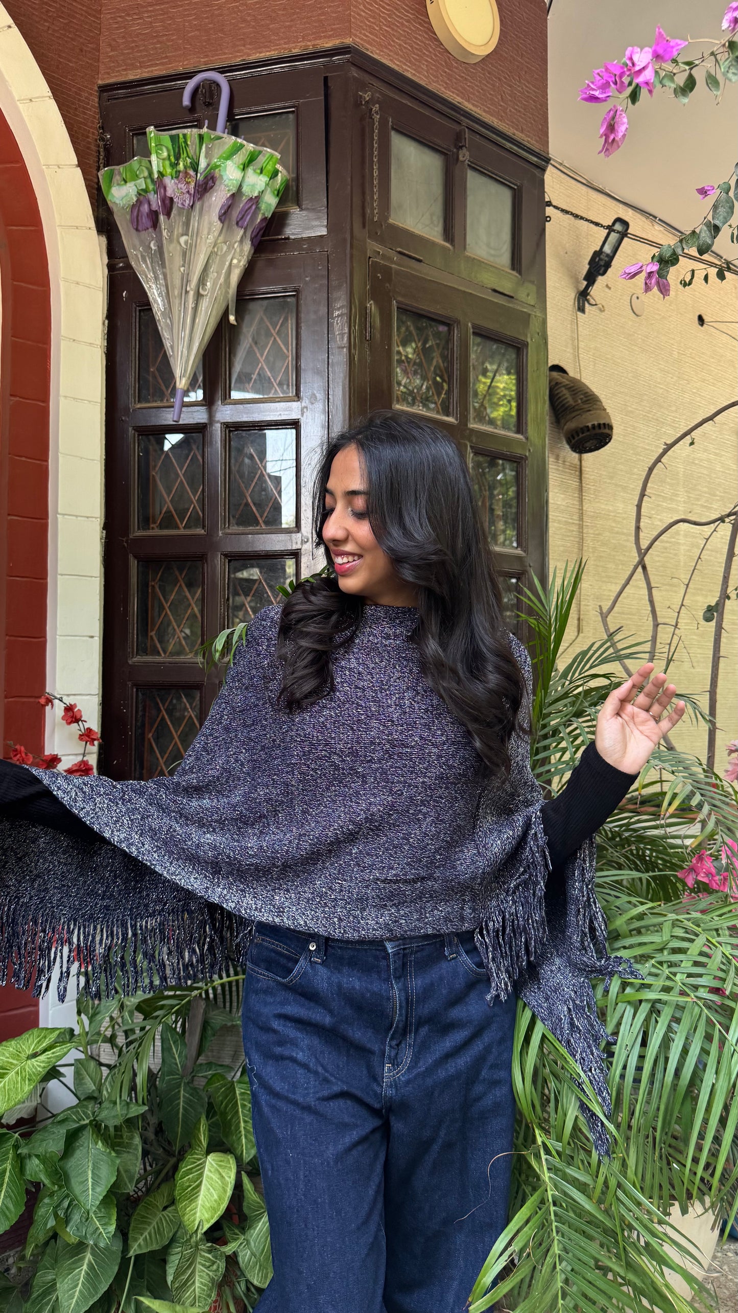 Shimmer Woollen Poncho - Blue (Free Size)