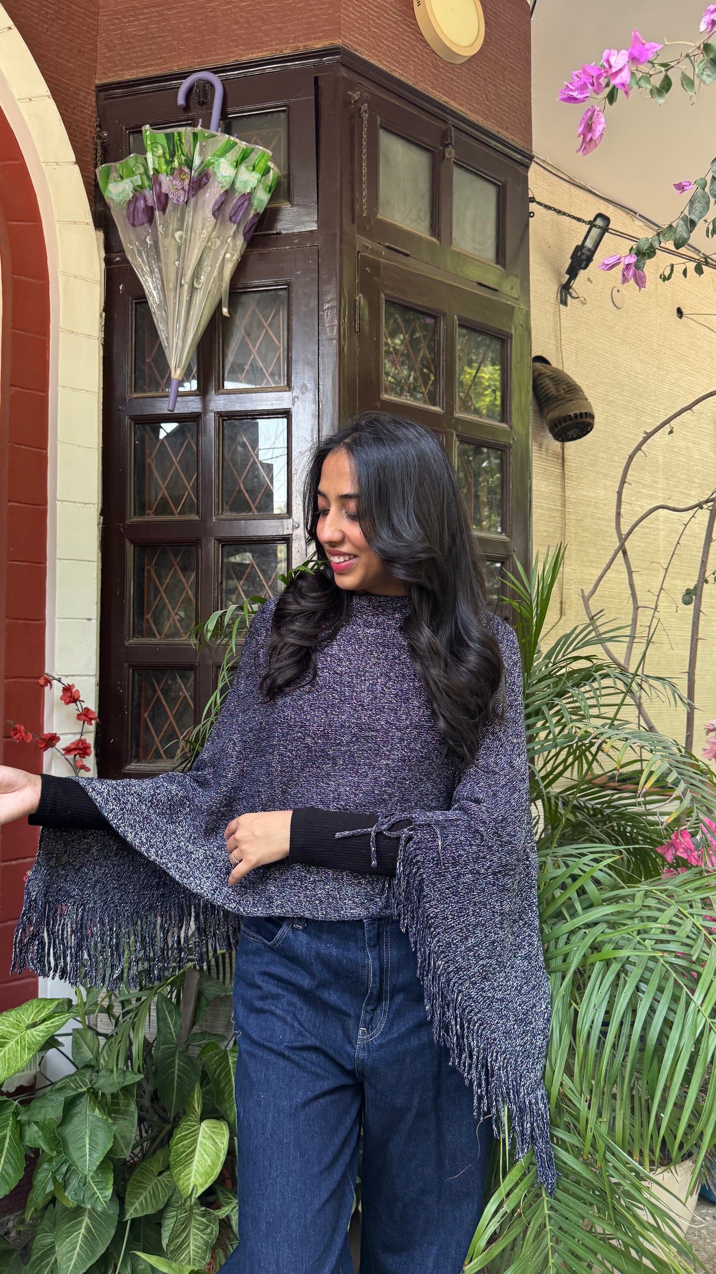 Shimmer Woollen Poncho - Blue (Free Size)