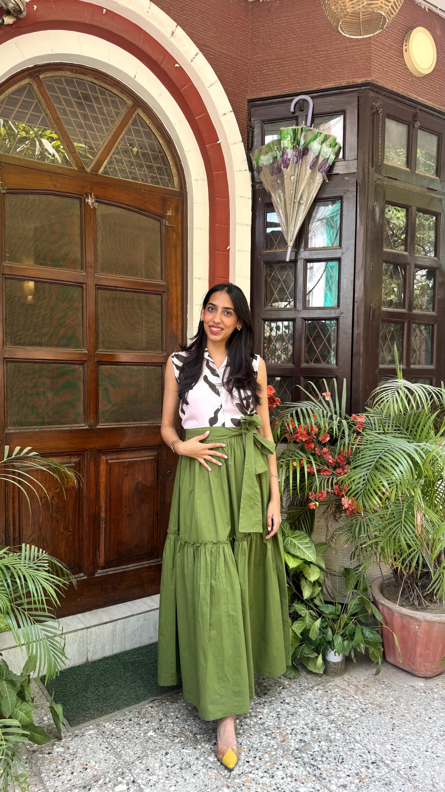 Flowy Tiered Cotton Skirt - Olive (Premium Collection)