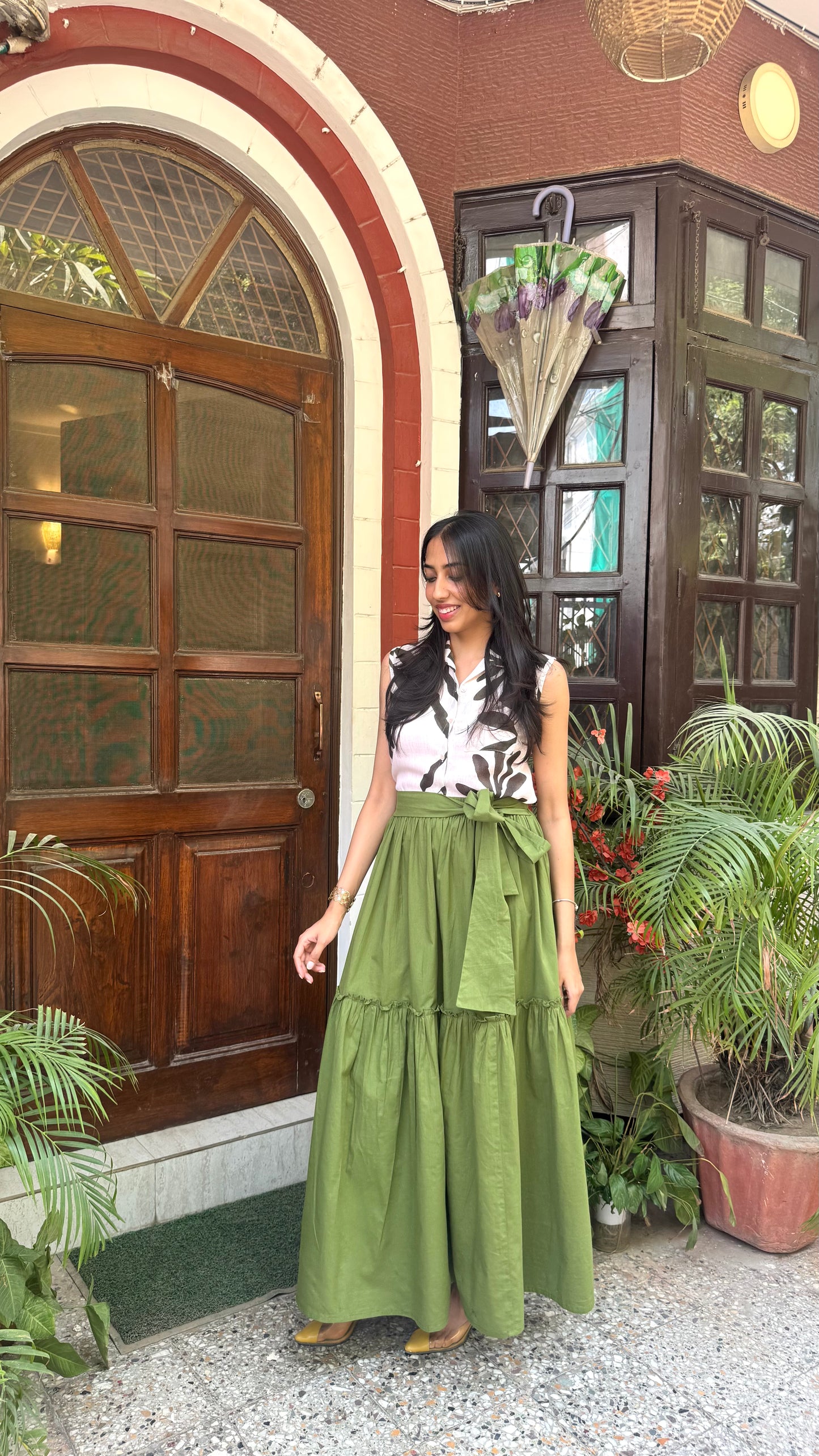 Flowy Tiered Cotton Skirt - Olive (Premium Collection)