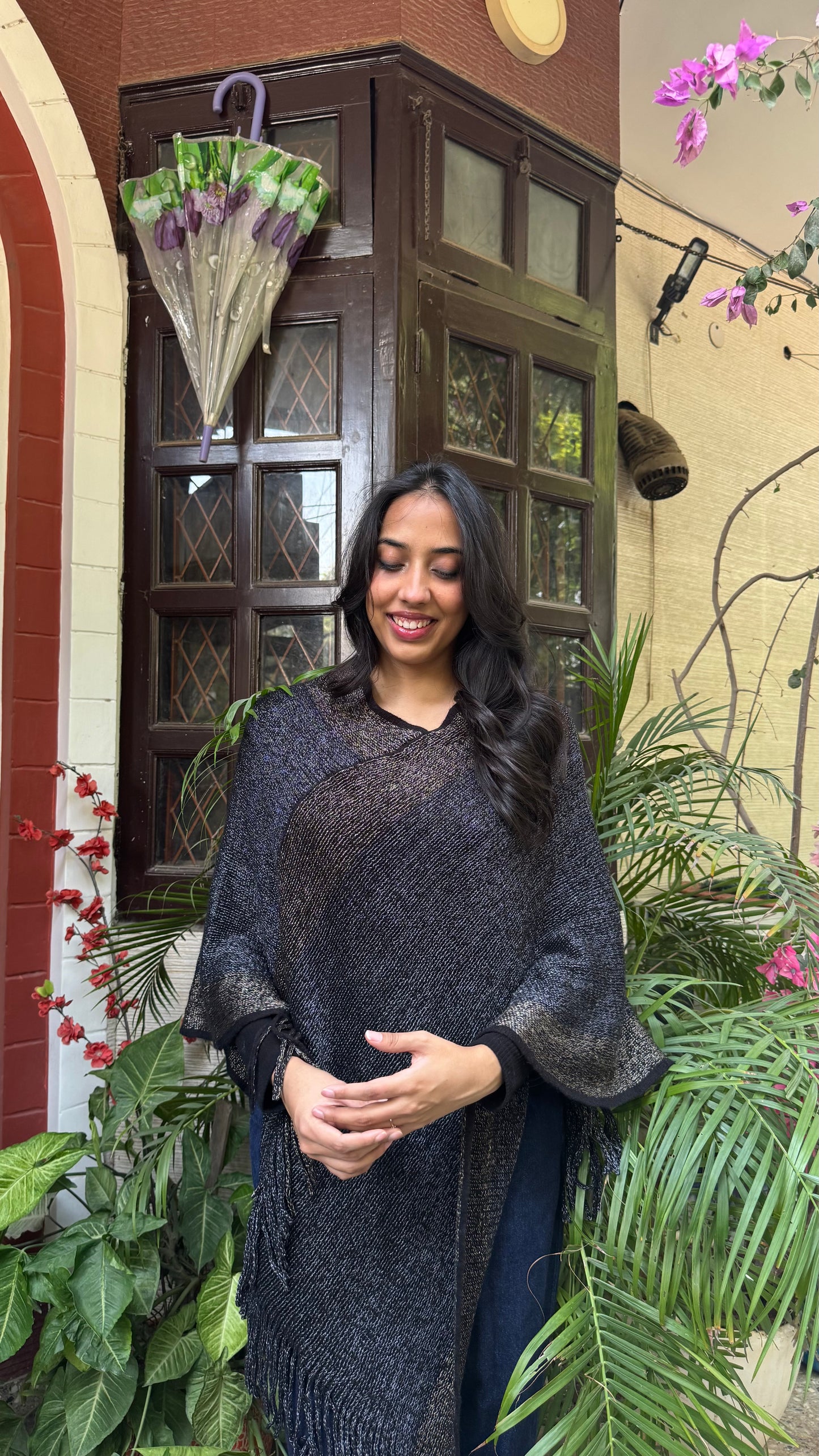 Navy Ombre Woollen Poncho (Free Size)